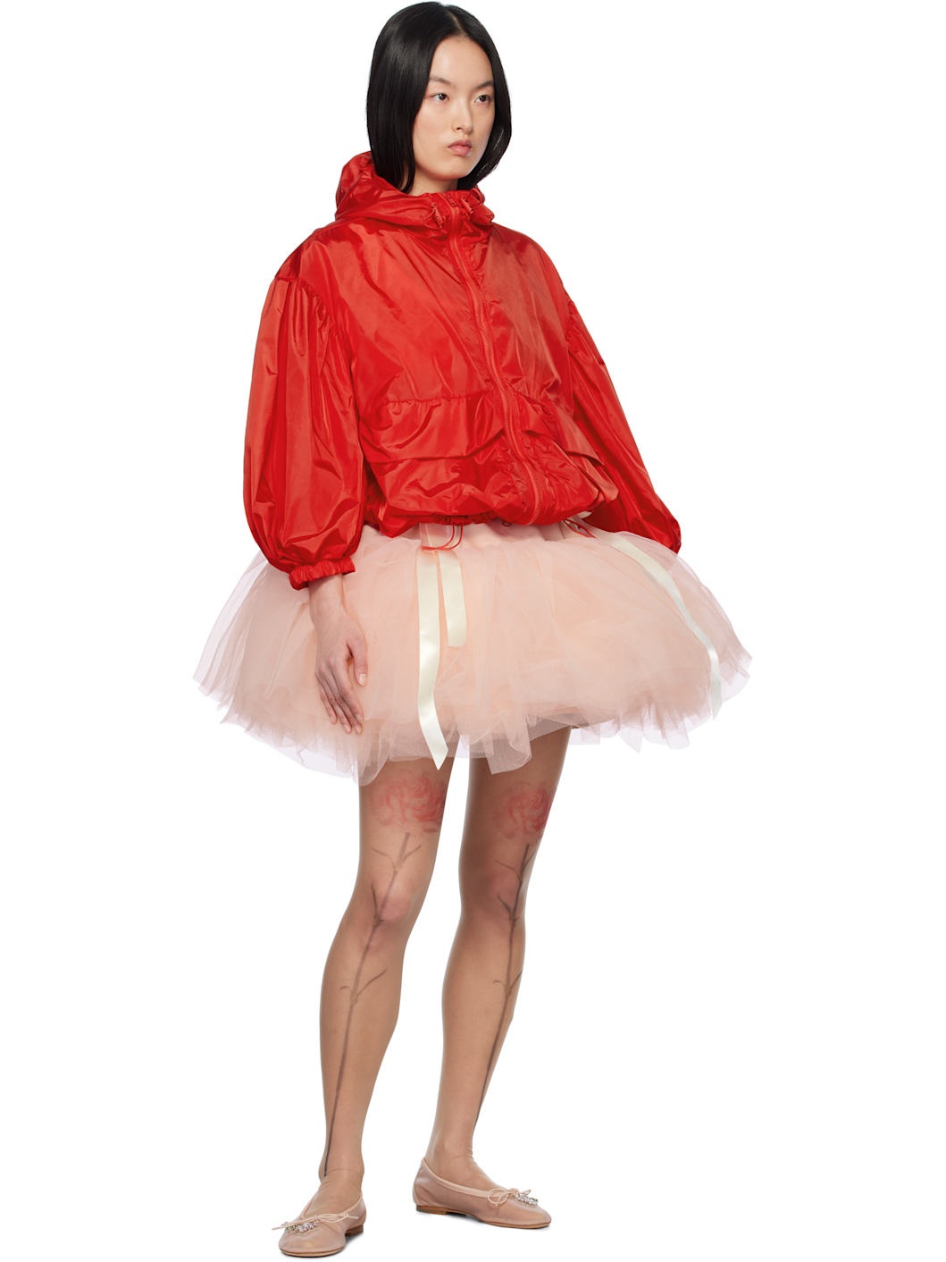 Red Cargo Pocket Puff Sleeve Drawstring Jacket - 4