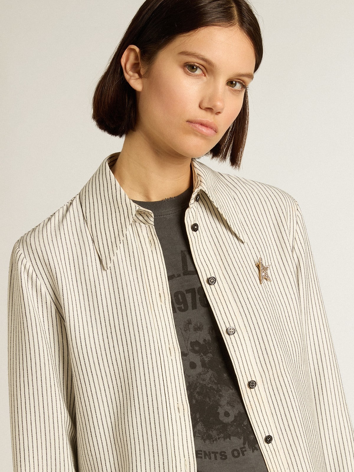 Women’s white viscose shirt with narrow black stripes - 2