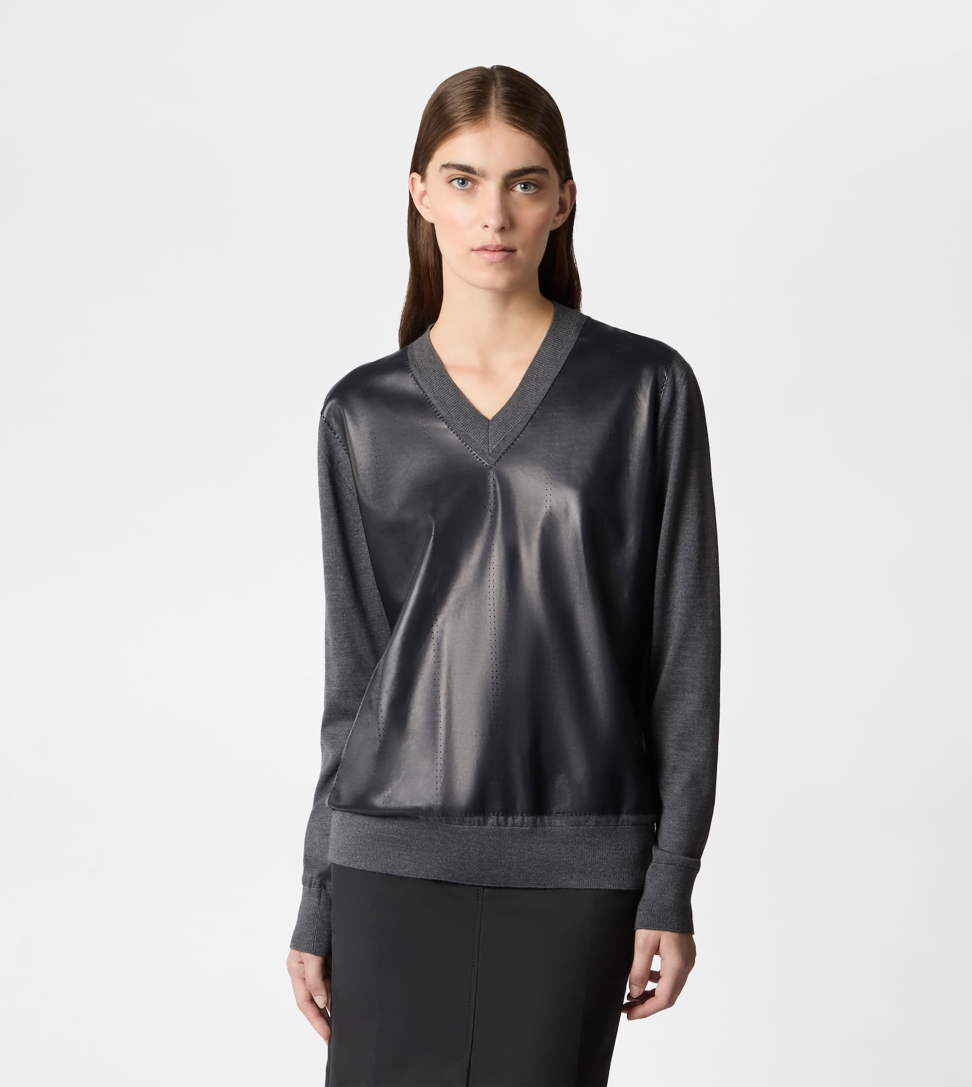 V-NECK PULLOVER WITH LEATHER INSERTS - GREY - 6