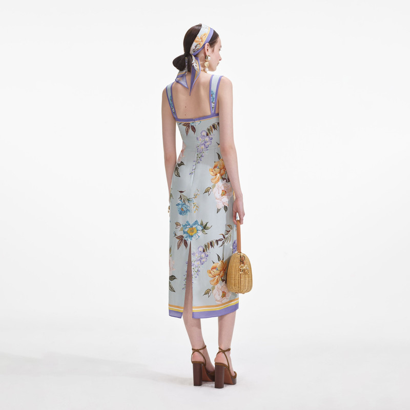 self-portrait Blue Floral Silk Twill Midi Dress outlook