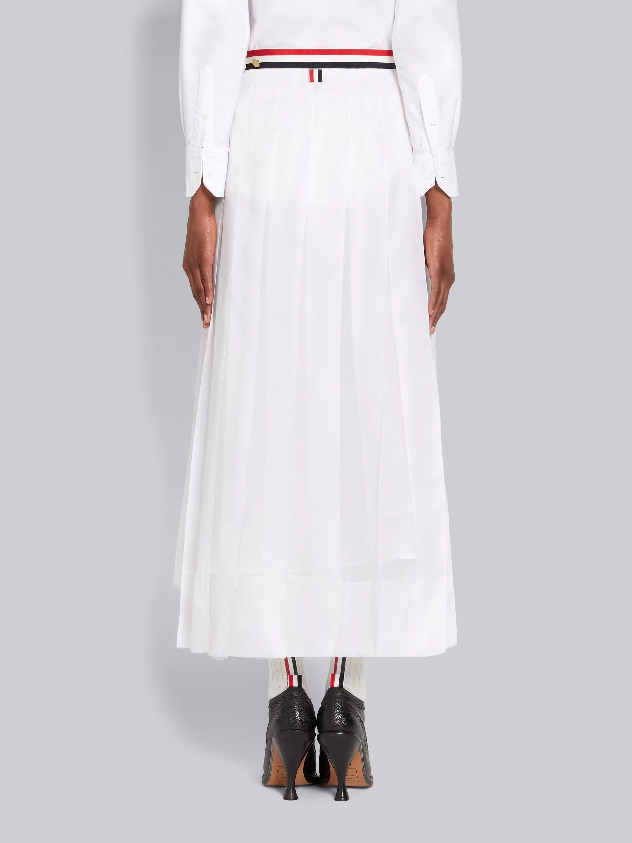 White Double Silk Organza Stripe Waistband Dropped Back Trouser Length Pleated Skirt - 3