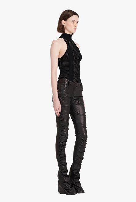 Low-rise black leather bootcut pants - 7