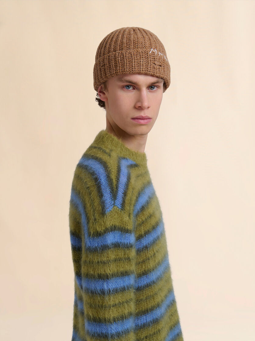BROWN RIBBED BEANIE WITH HAND-STITCHED LOGO - 2