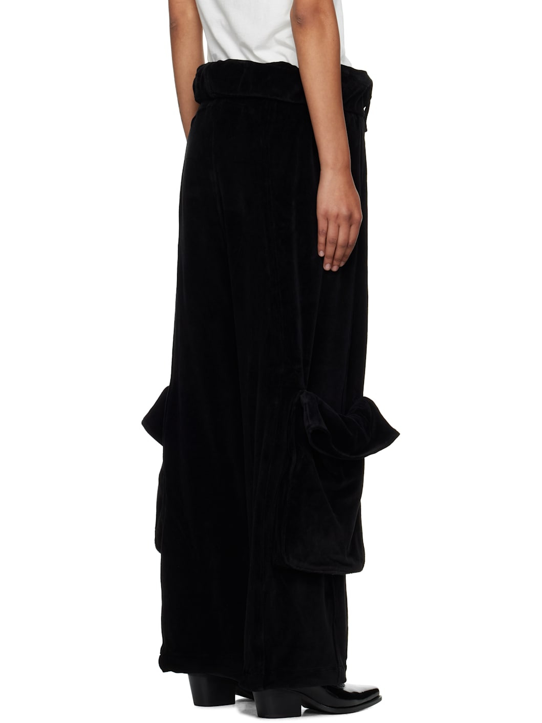 Black Rolled Waist Velour Cargo Pants - 3