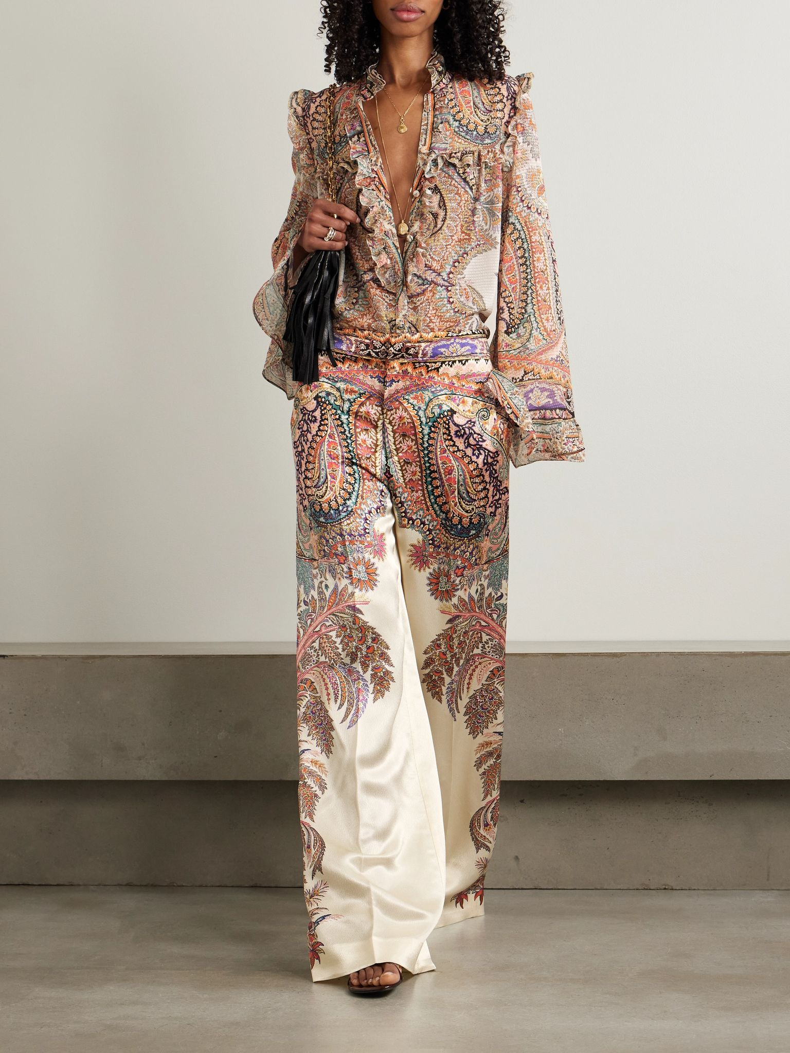 Printed satin wide-leg pants Cream - 2