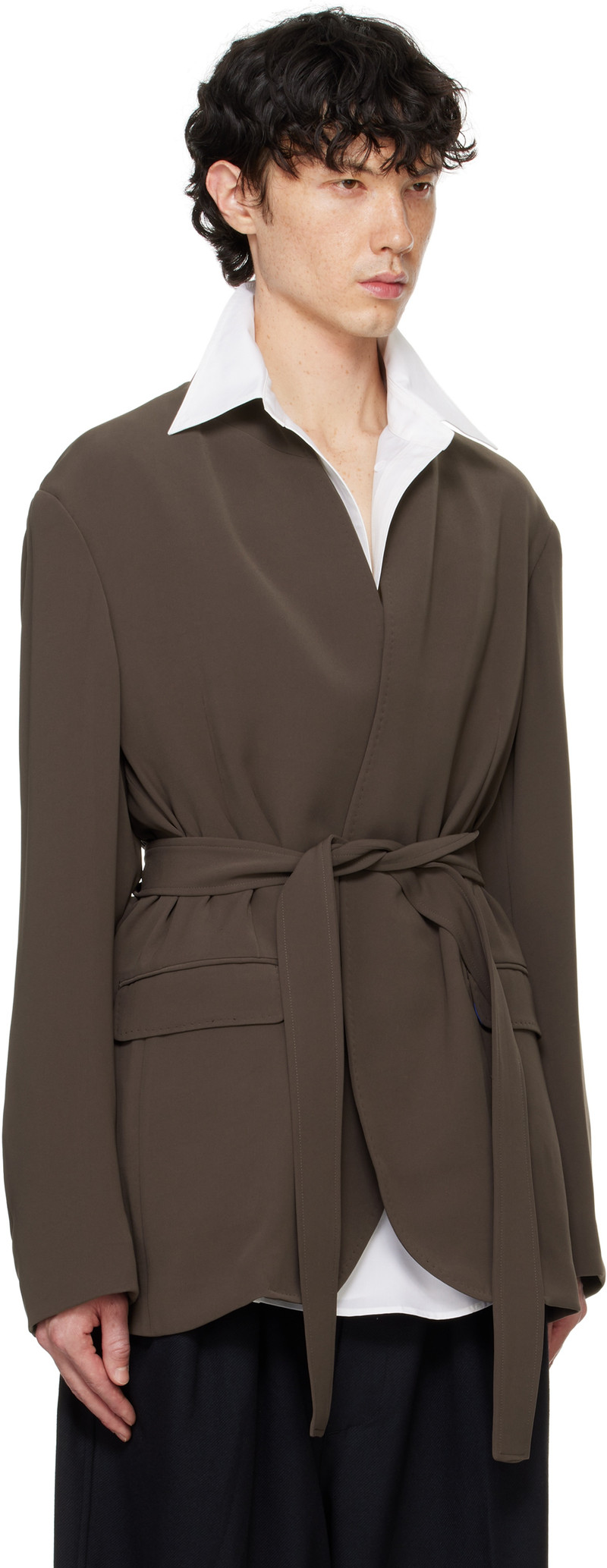 RAINMAKER KYOTO Taupe Stand Up Shawl Collar Blazer outlook