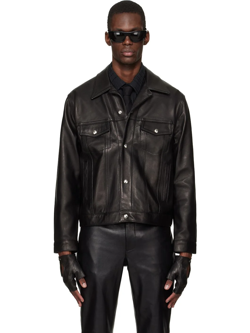 Black Diamond Spread Collar Leather Jacket - 1