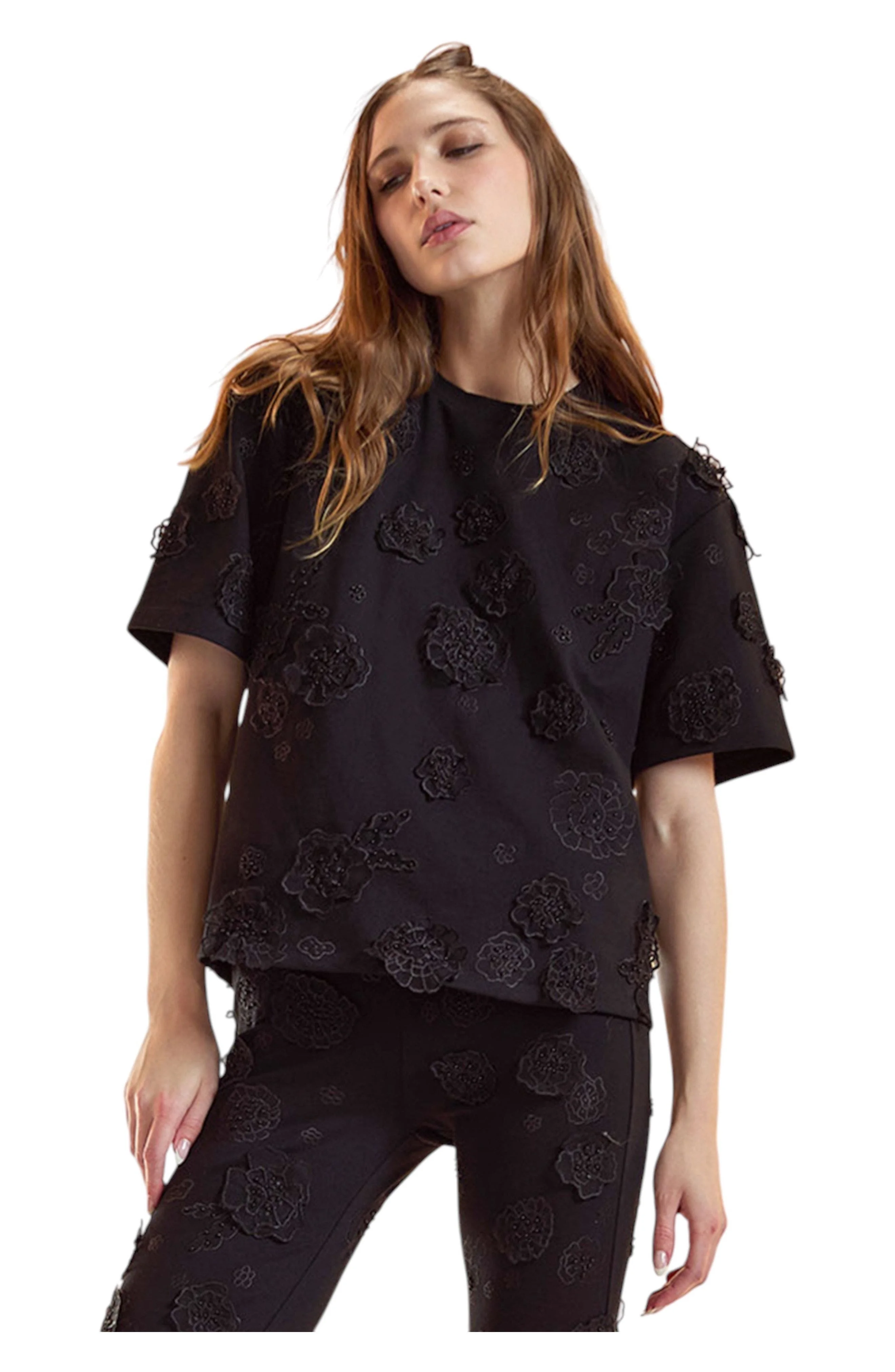 Cynthia Rowley Pop Floral Applique Top in Black at Nordstrom - 1
