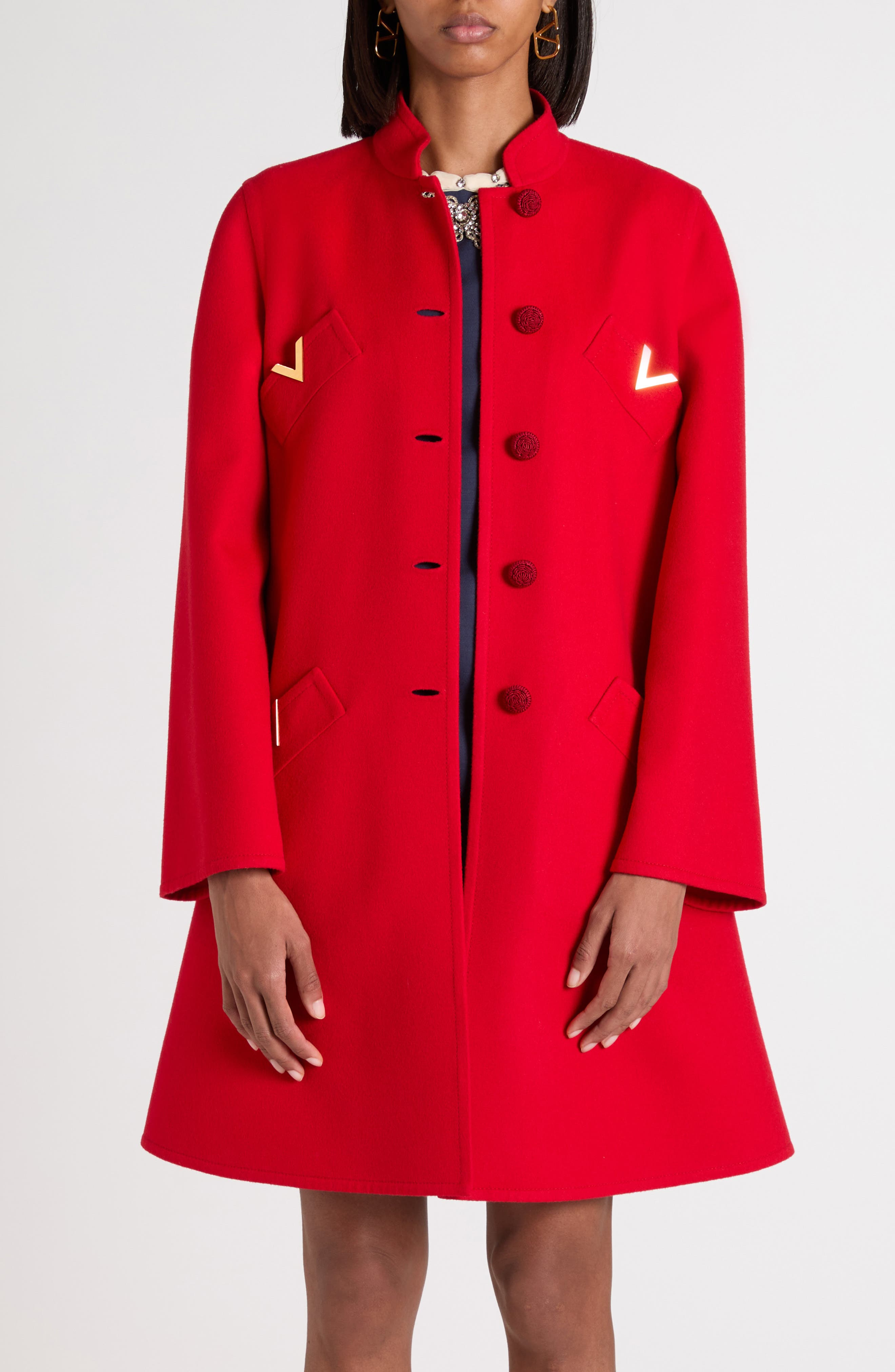 Valentino Garavani Virgin Wool & Cashmere Broadcloth Trapeze Coat in Dark Red at Nordstrom - 4