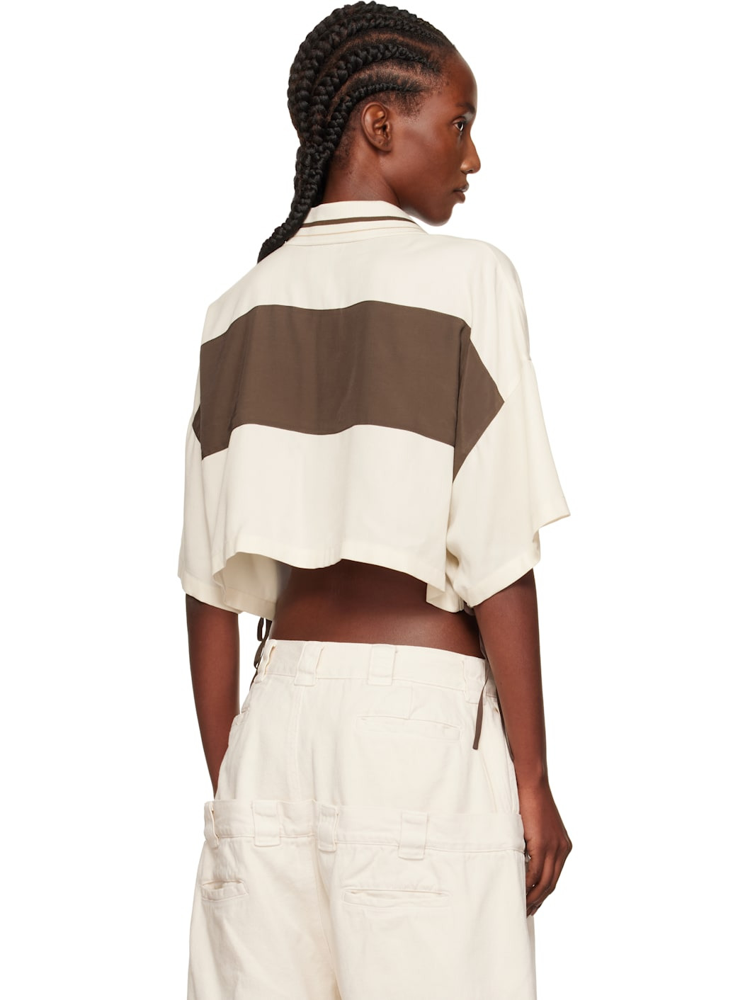 Off-White & Brown Cropped Side Ribbon Polo - 3