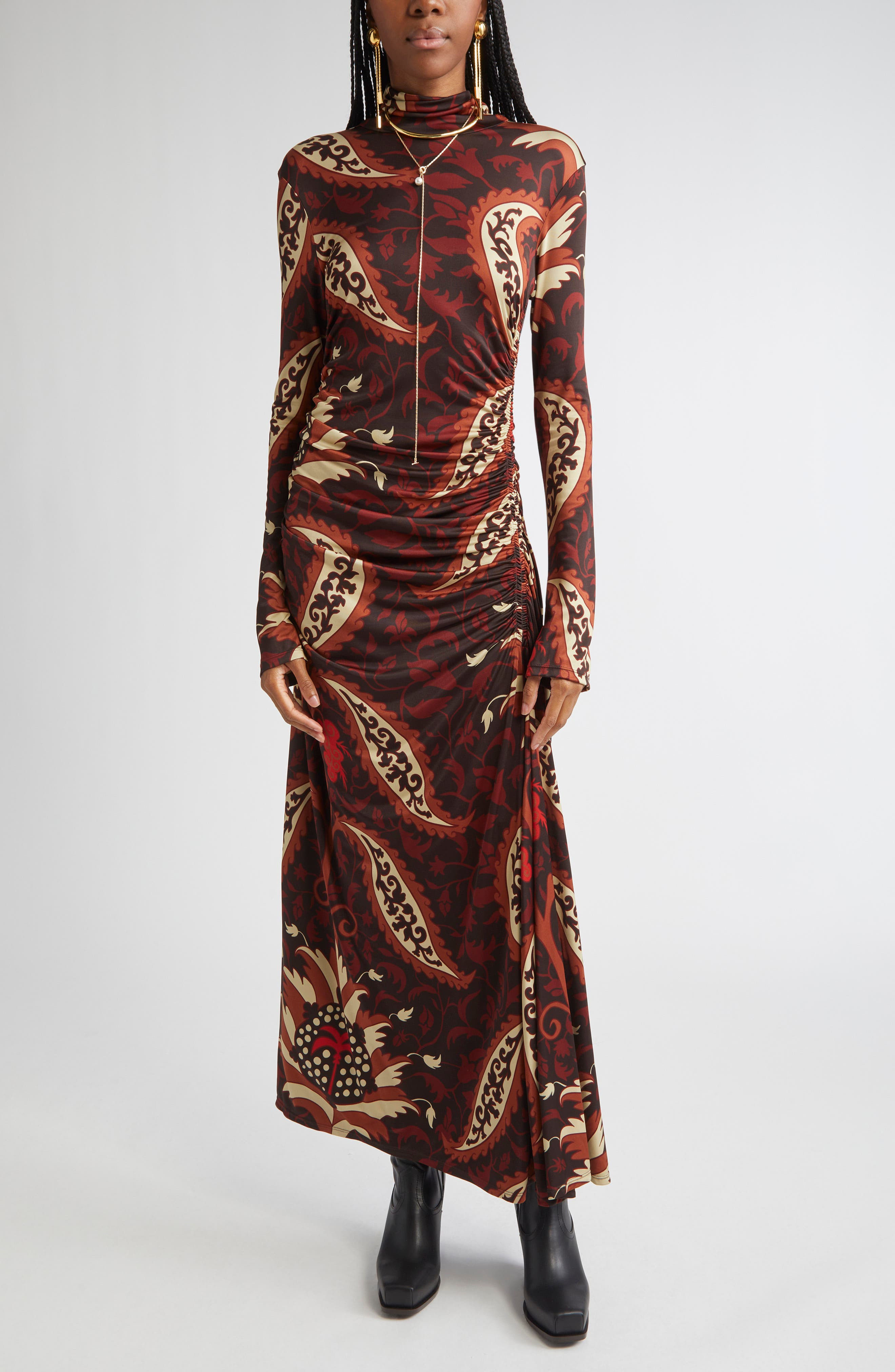 Johanna Ortiz Start Point Print Long Sleeve Jersey Maxi Dress in Black /Mocca /Sand /Red at Nordstro - 1