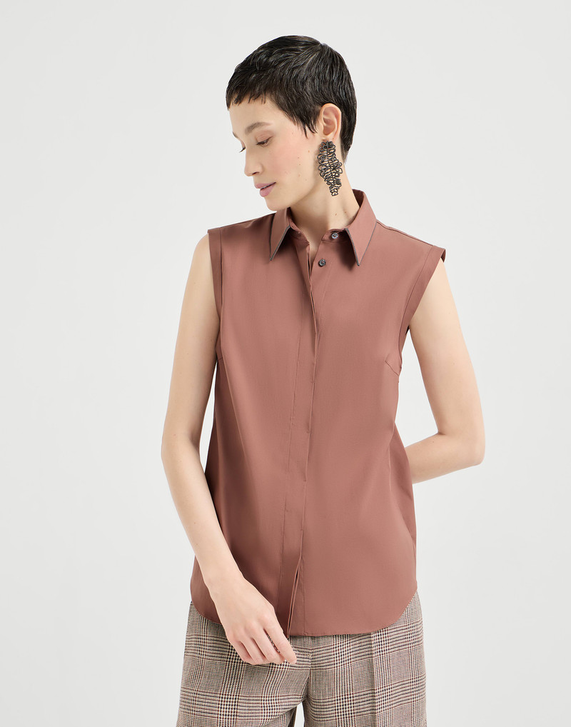 Stretch cotton poplin sleeveless shirt with shiny trim 2