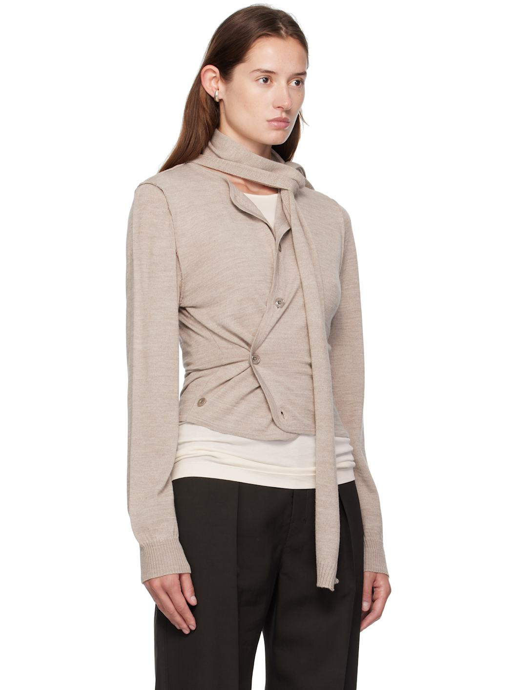 Beige Scarf Twisted Cardigan - 2