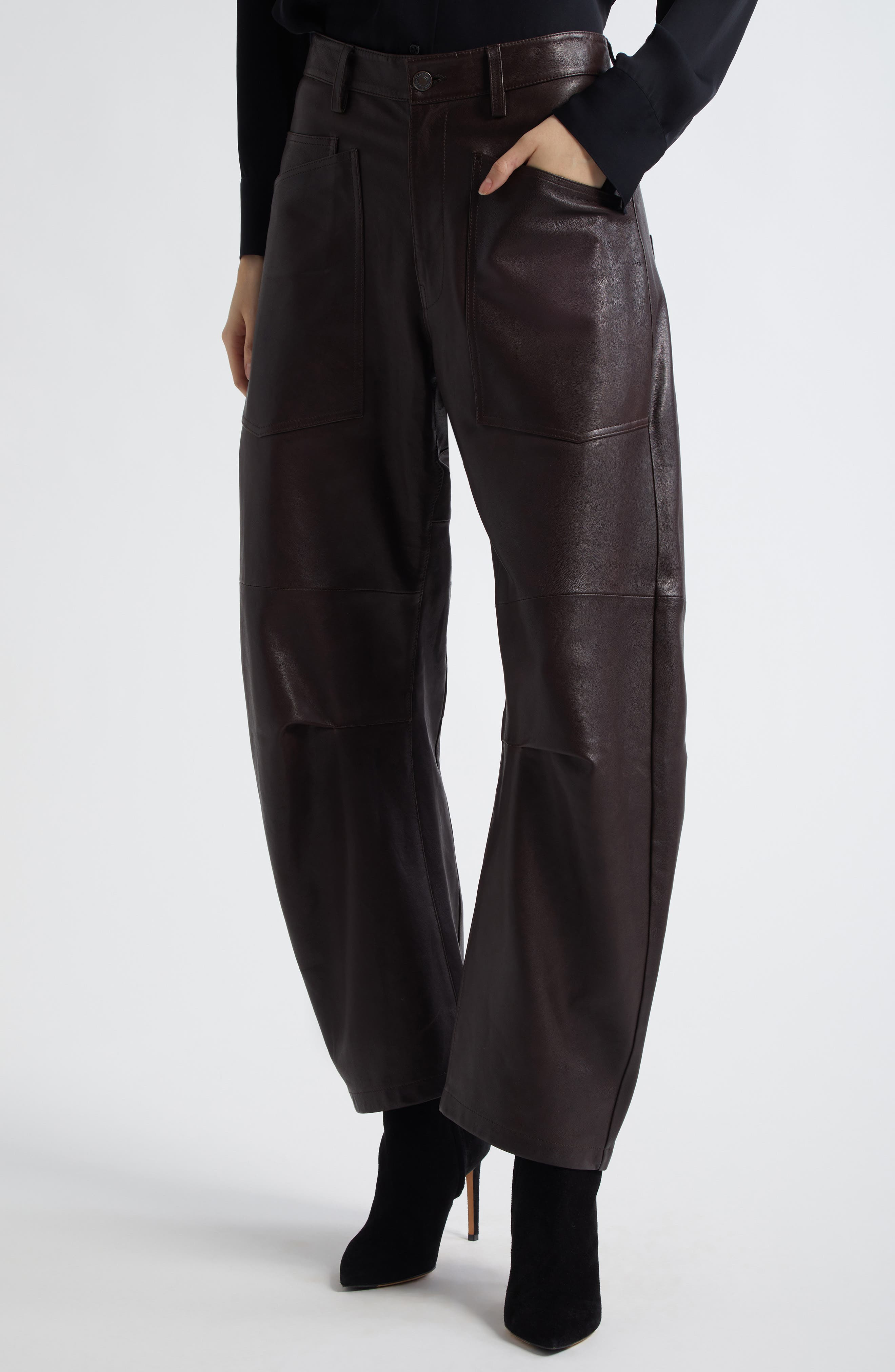 Nili Lotan Shon Barrel Leg Leather Pants in Dark Brown at Nordstrom - 4