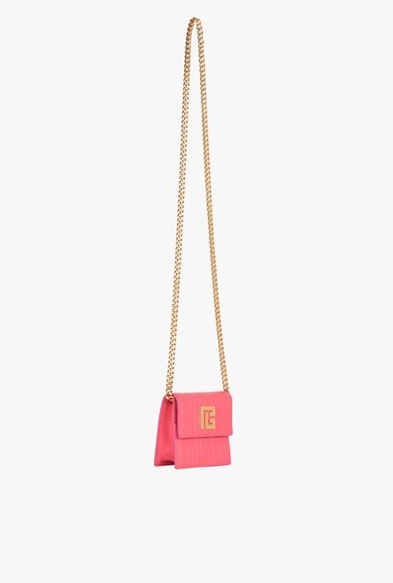 Salmon pink debossed leather card holder with Balmain monogram and chain - 2