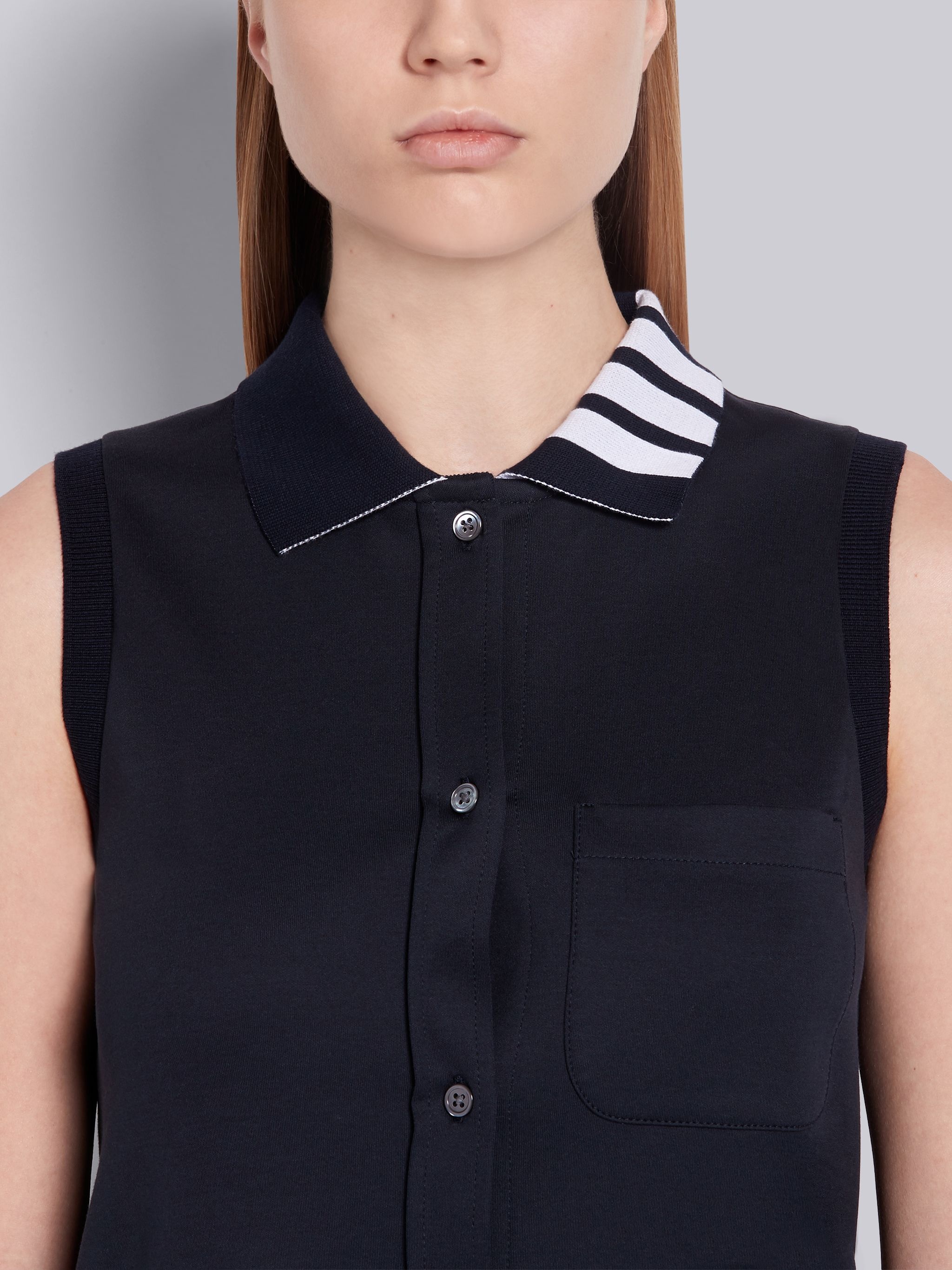 Navy Cotton Interlock Polo Collar Sleeveless 4-Bar Intarsia Shirt Dress - 4