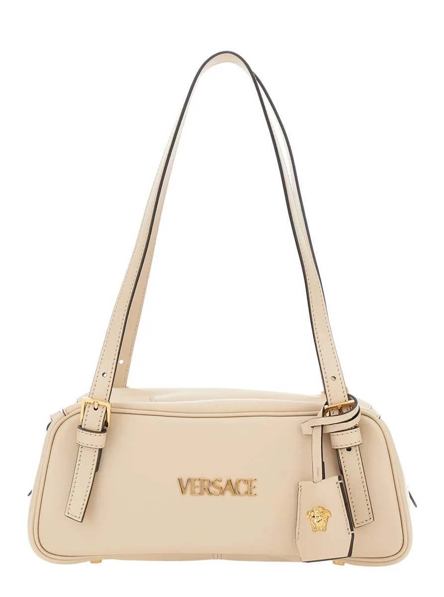 Versace 'Tag Bowling' White Shoulder Bag With Metallic Logo Lettering And Medusa Head Pendant In Lea - 1