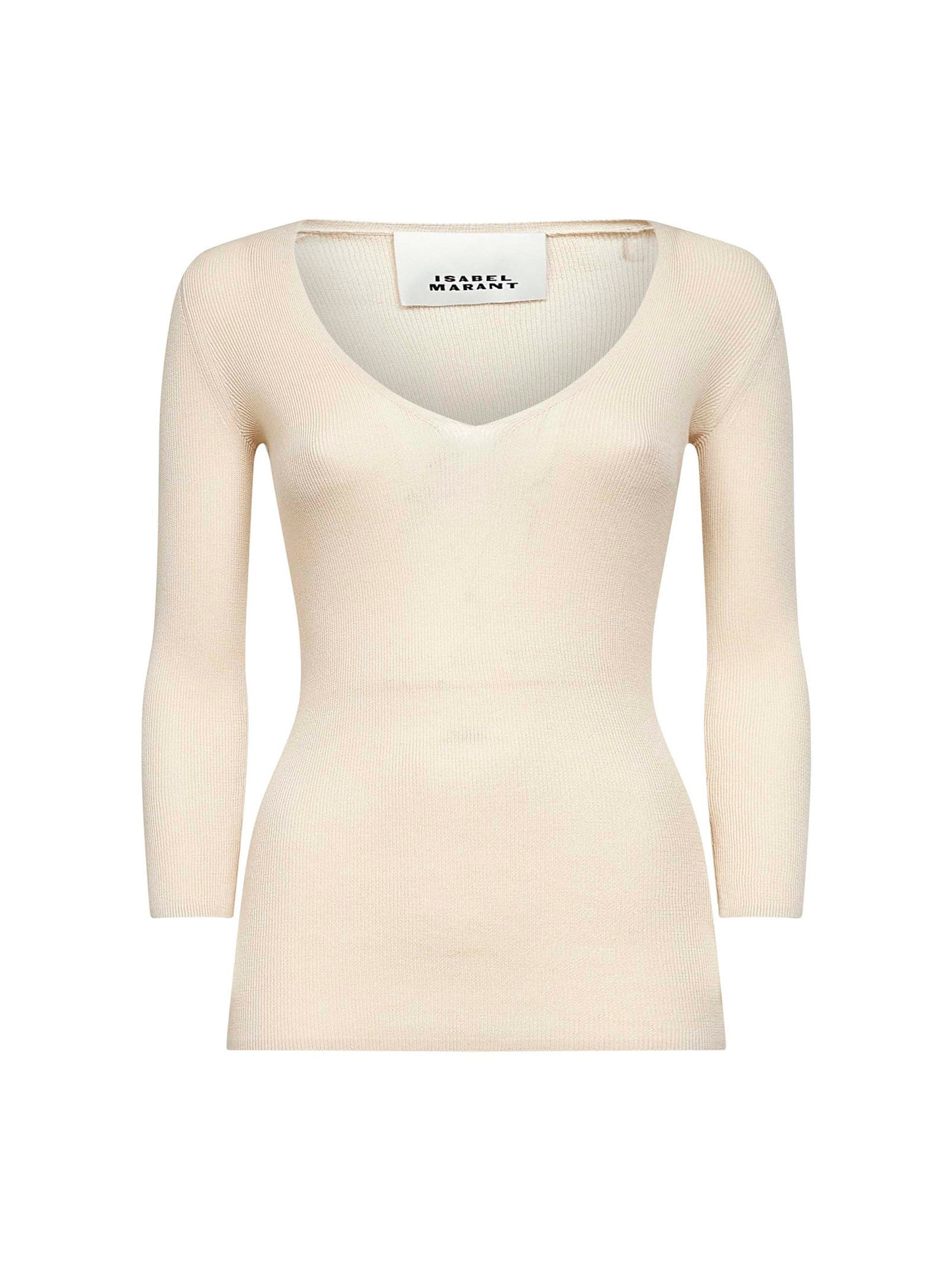 Light beige ribbed crepe knit Felicia top - 1