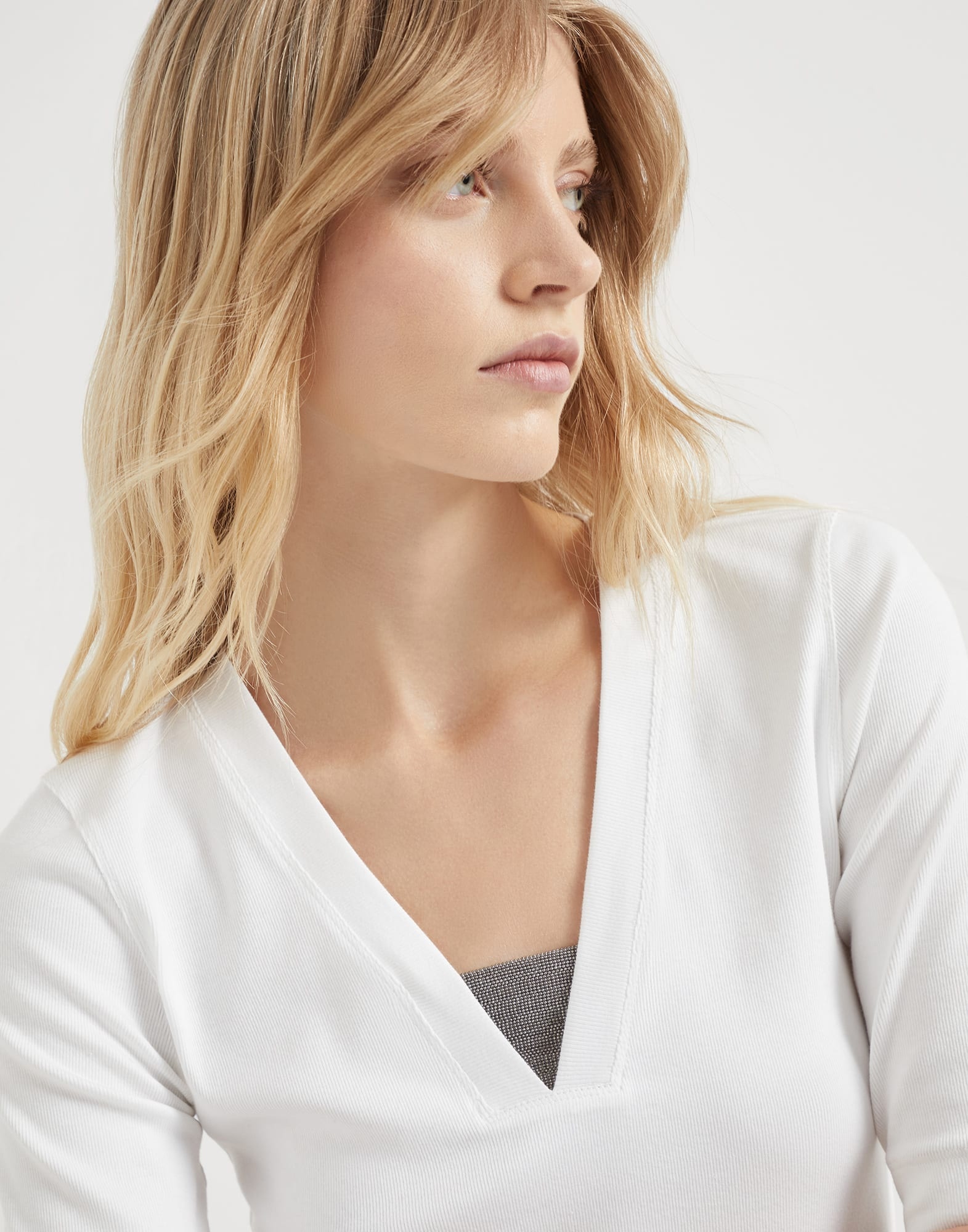 Stretch cotton ribbed jersey T-shirt with precious insert - 3
