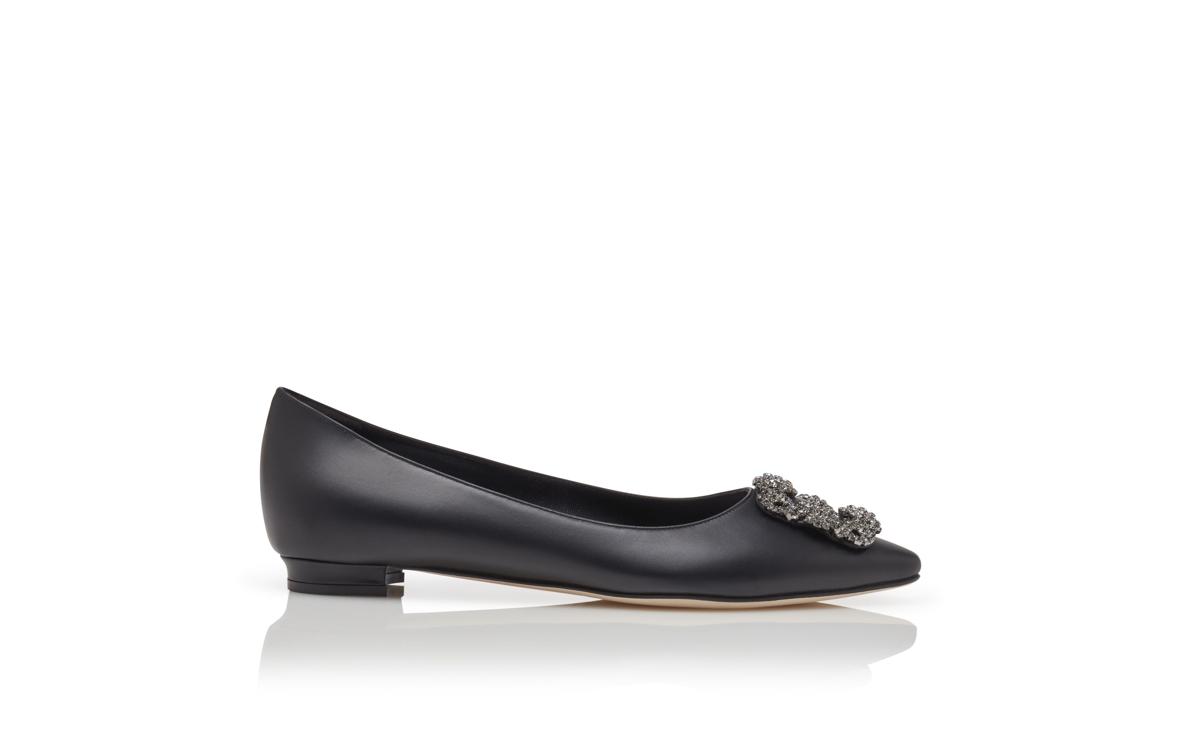 Black Calf Leather Jewel Buckle Flat Shoes - 1