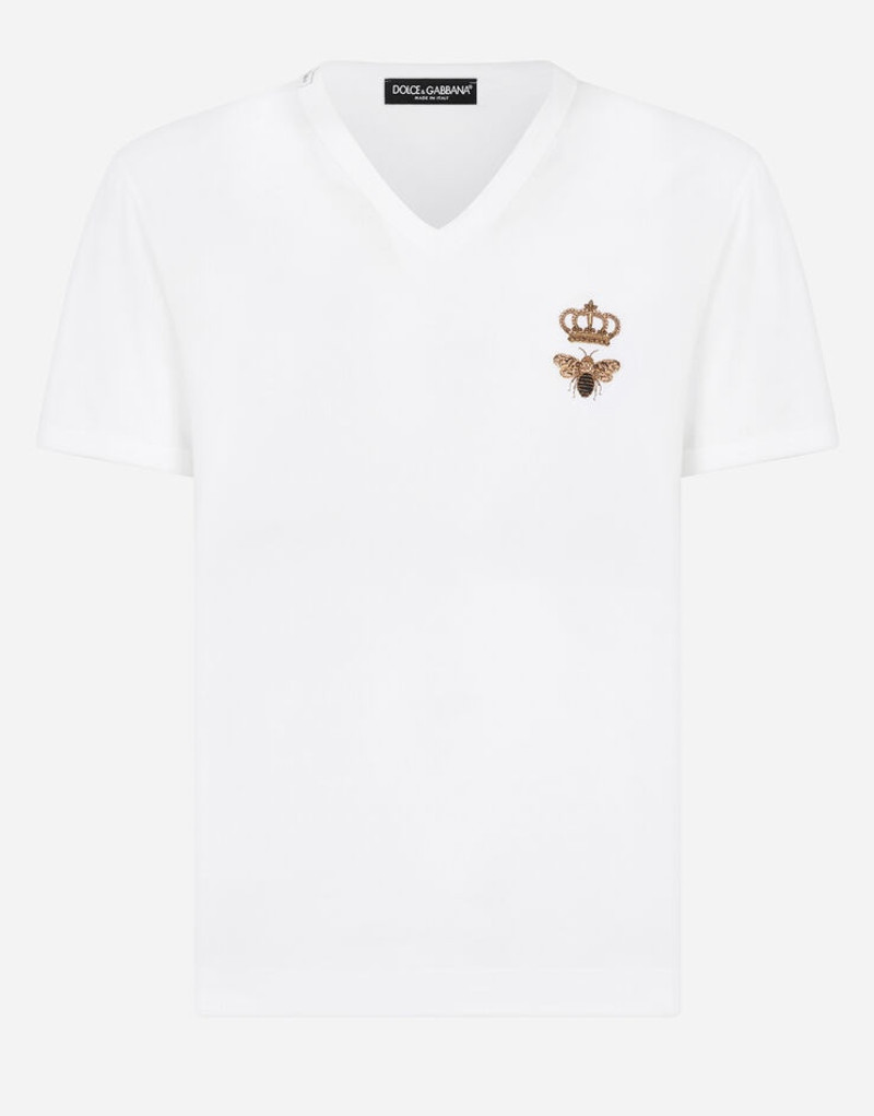 V-neck cotton t-shirt with bee and crown embroidery 1