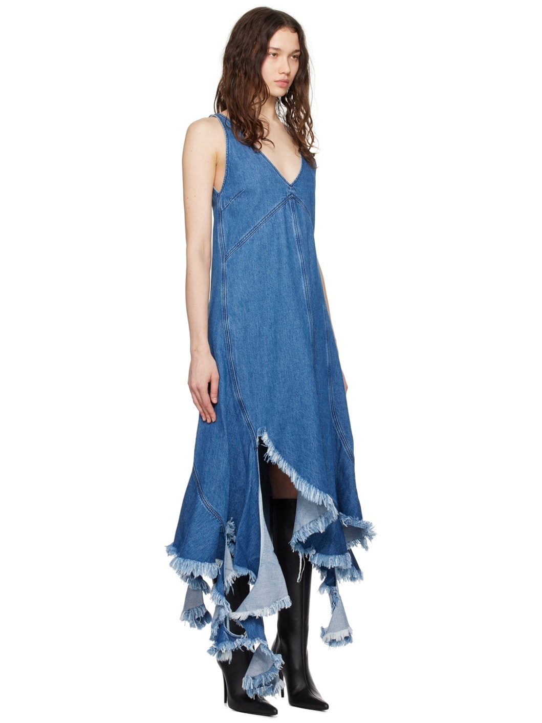 Blue Frayed Denim Midi Dress - 2