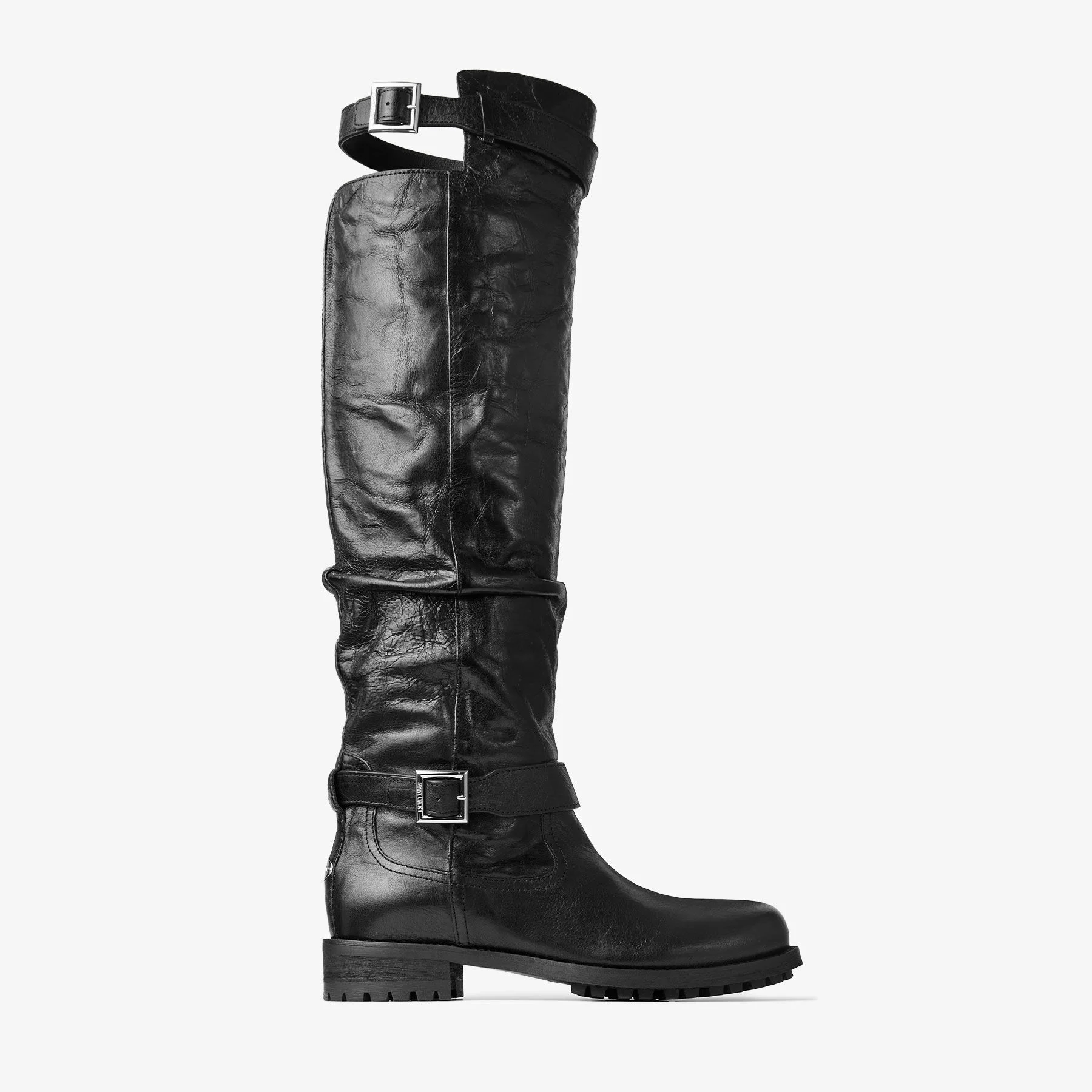 Biker Knee Boot Black Lamb Leather Knee-High Biker Boots - 1