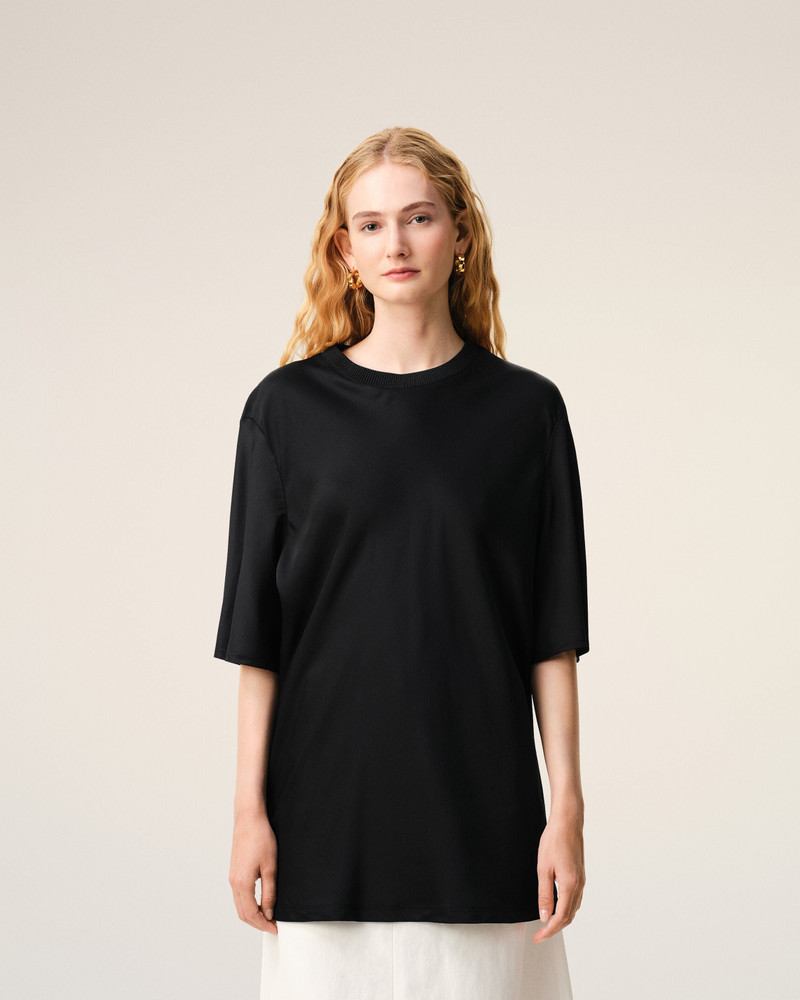 BLACK SATIN SHORT SLEEVES RIB DETAIL T-SHIRT 3