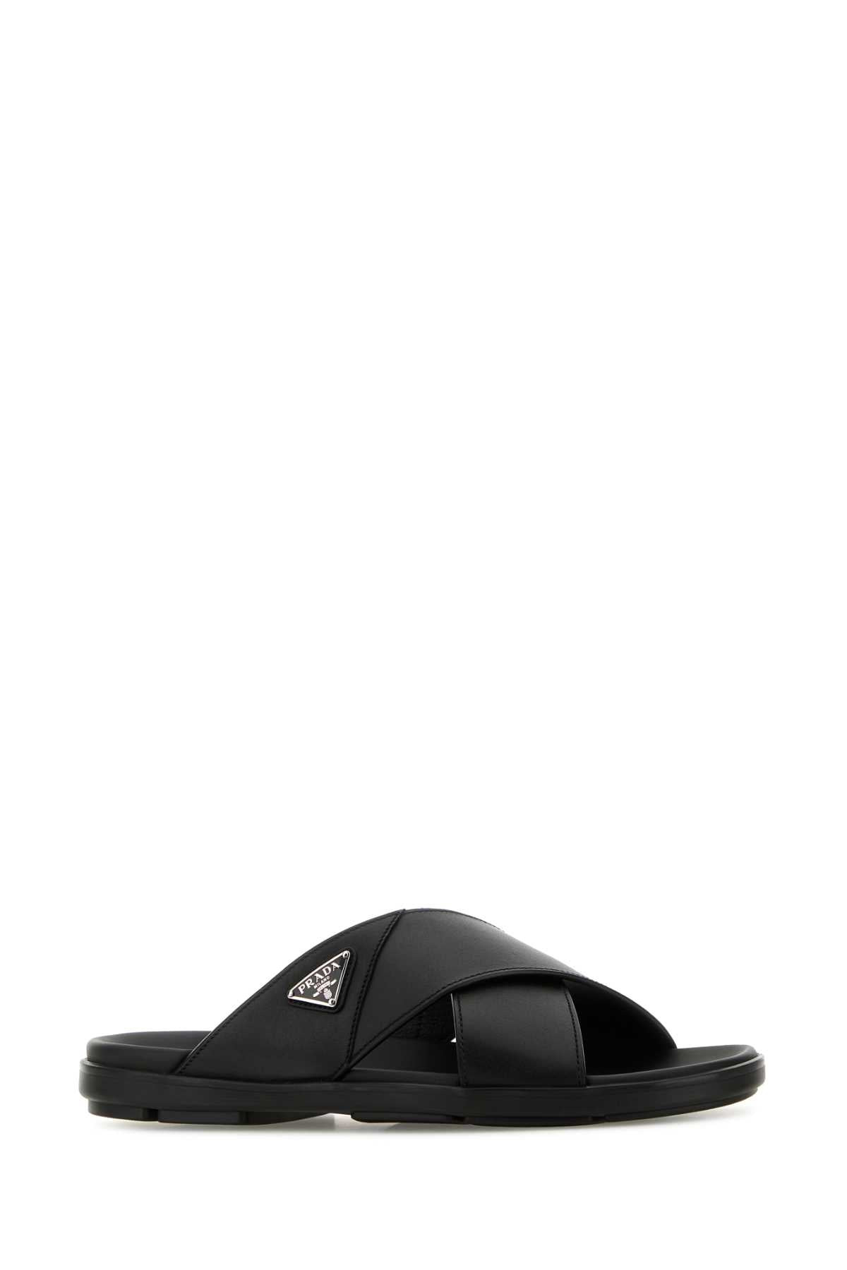 Prada Men Black Leather Slippers - 2