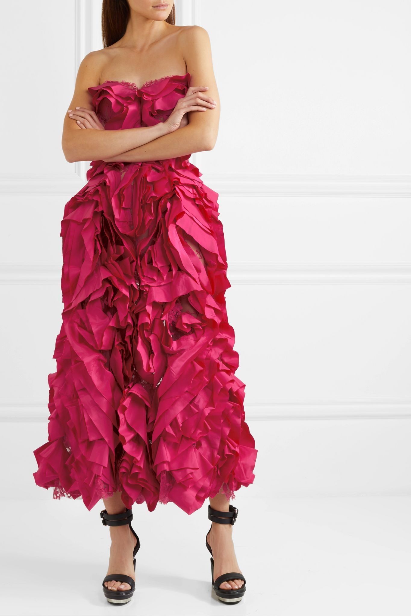 Strapless ruffled silk-taffeta and cotton-blend lace gown  - 3