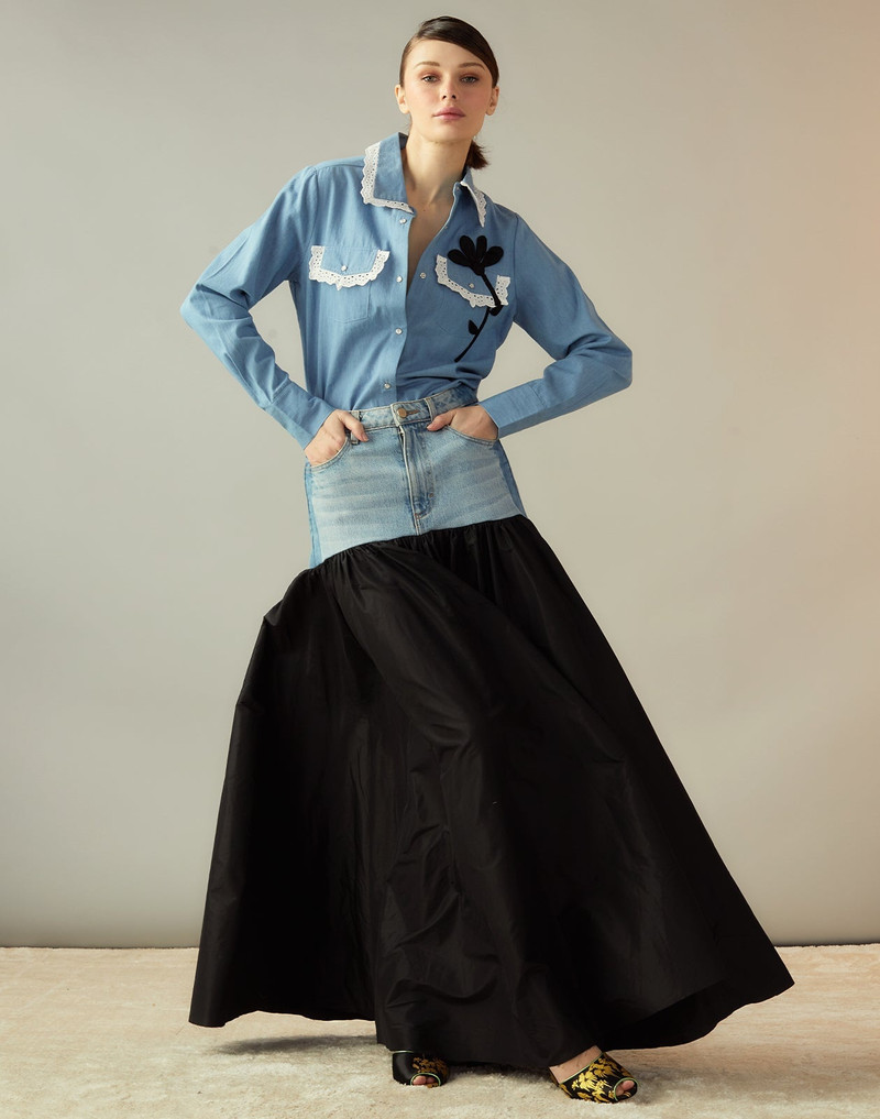CYNTHIA ROWLEY Denim Taffeta Skirt outlook