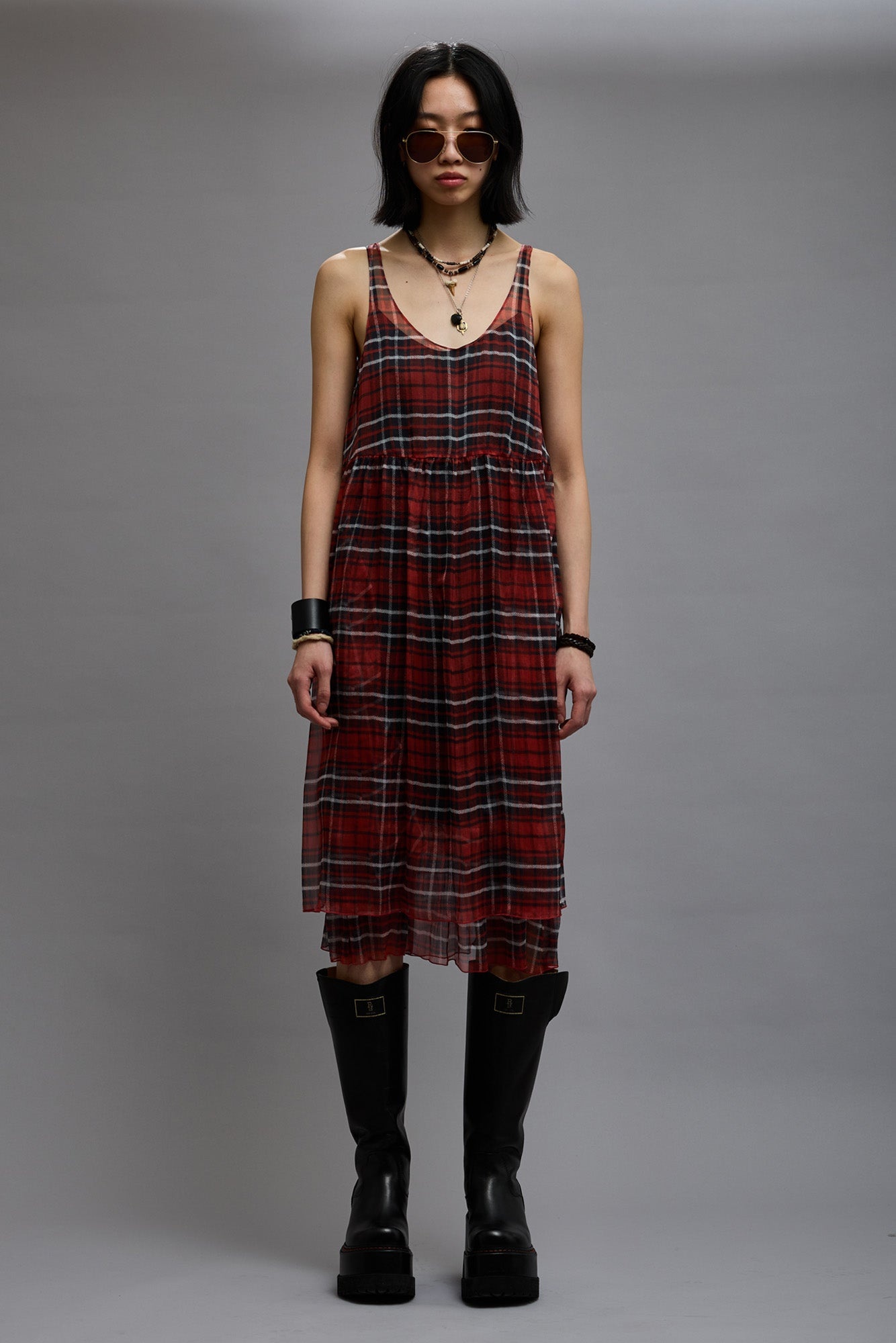 GATHERED TANK DRESS - RED PLAID CHIFFON - 2