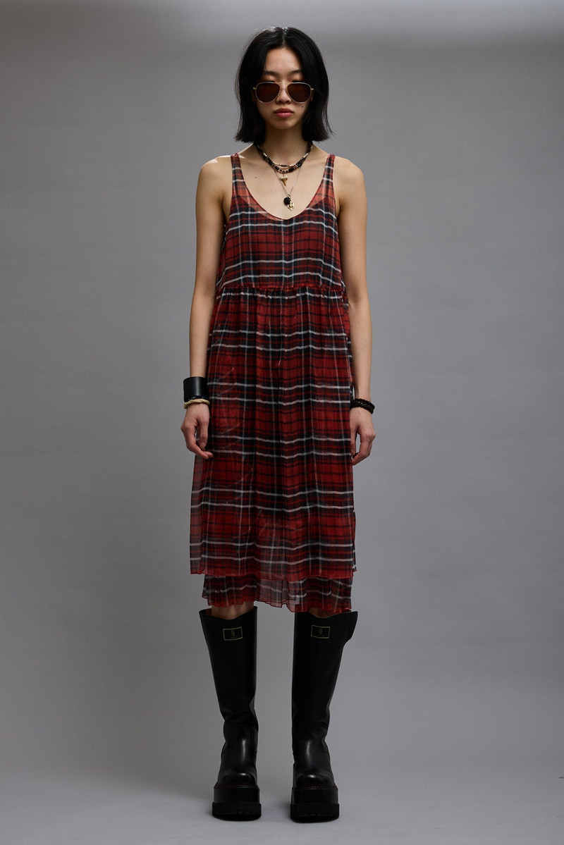 R13 GATHERED TANK DRESS - RED PLAID CHIFFON outlook