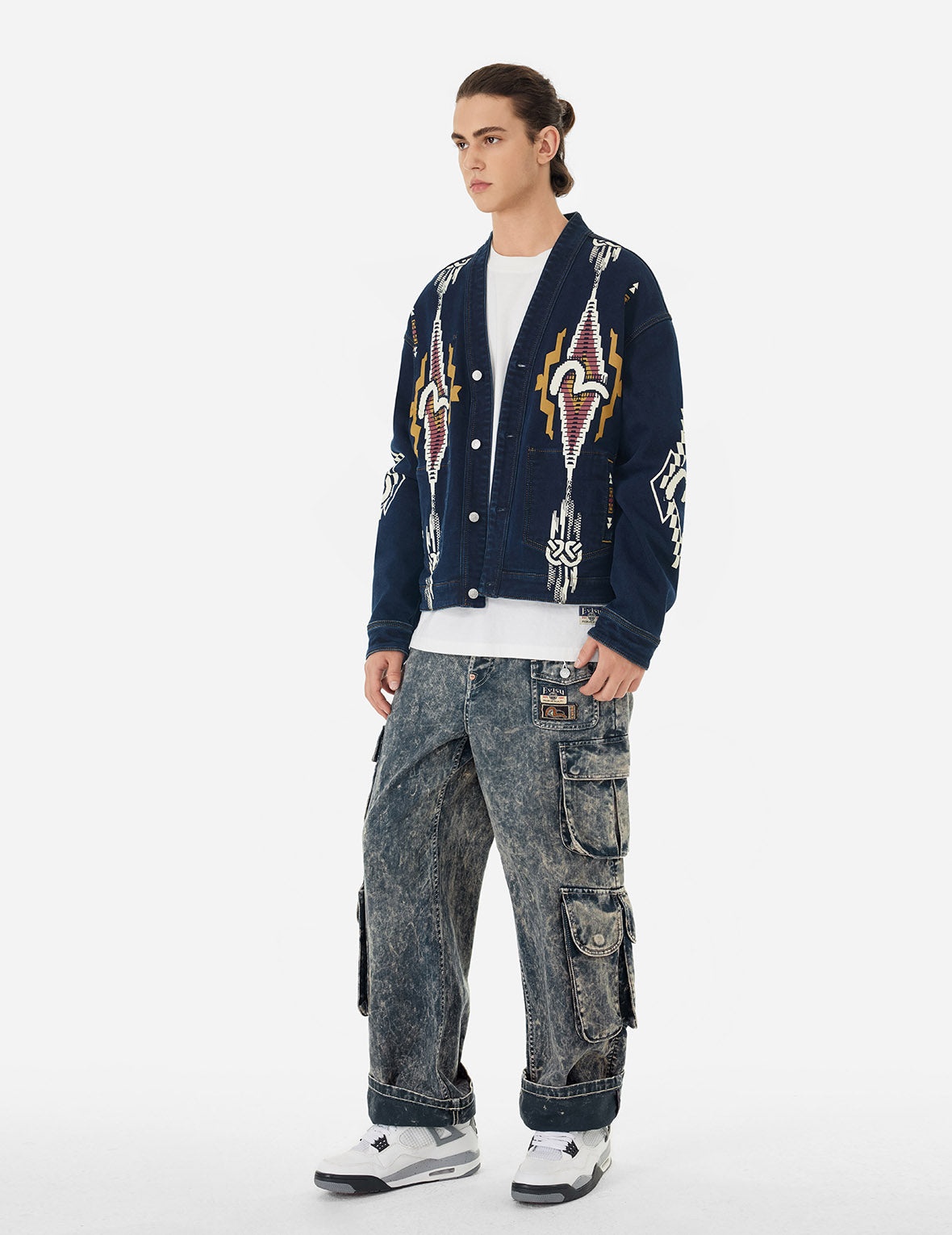 Seagull Print and Multi-Pockets Acid Wash Baggy Cargo Jeans - 3
