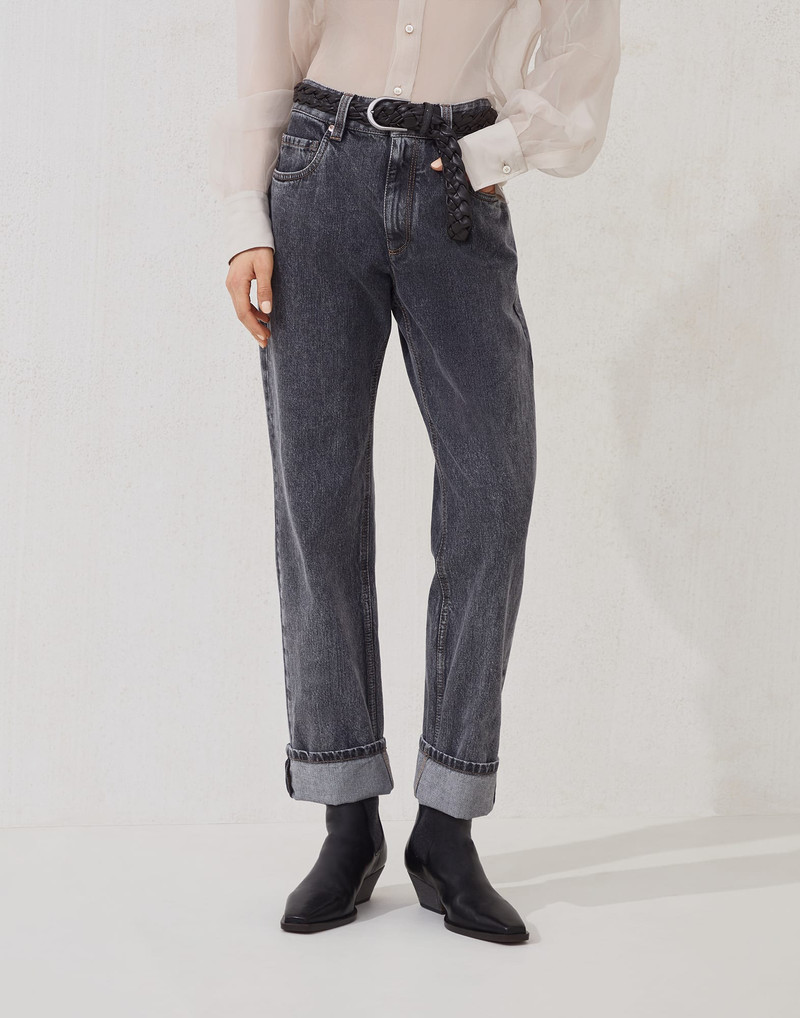 Authentic denim cropped trousers with monili 1
