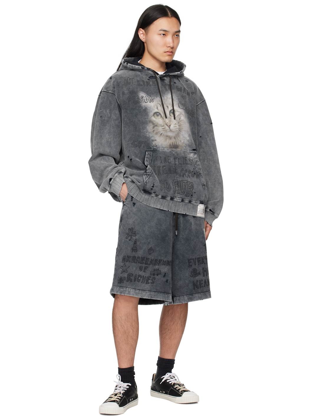 Black Bleached Cat Print Hoodie - 4