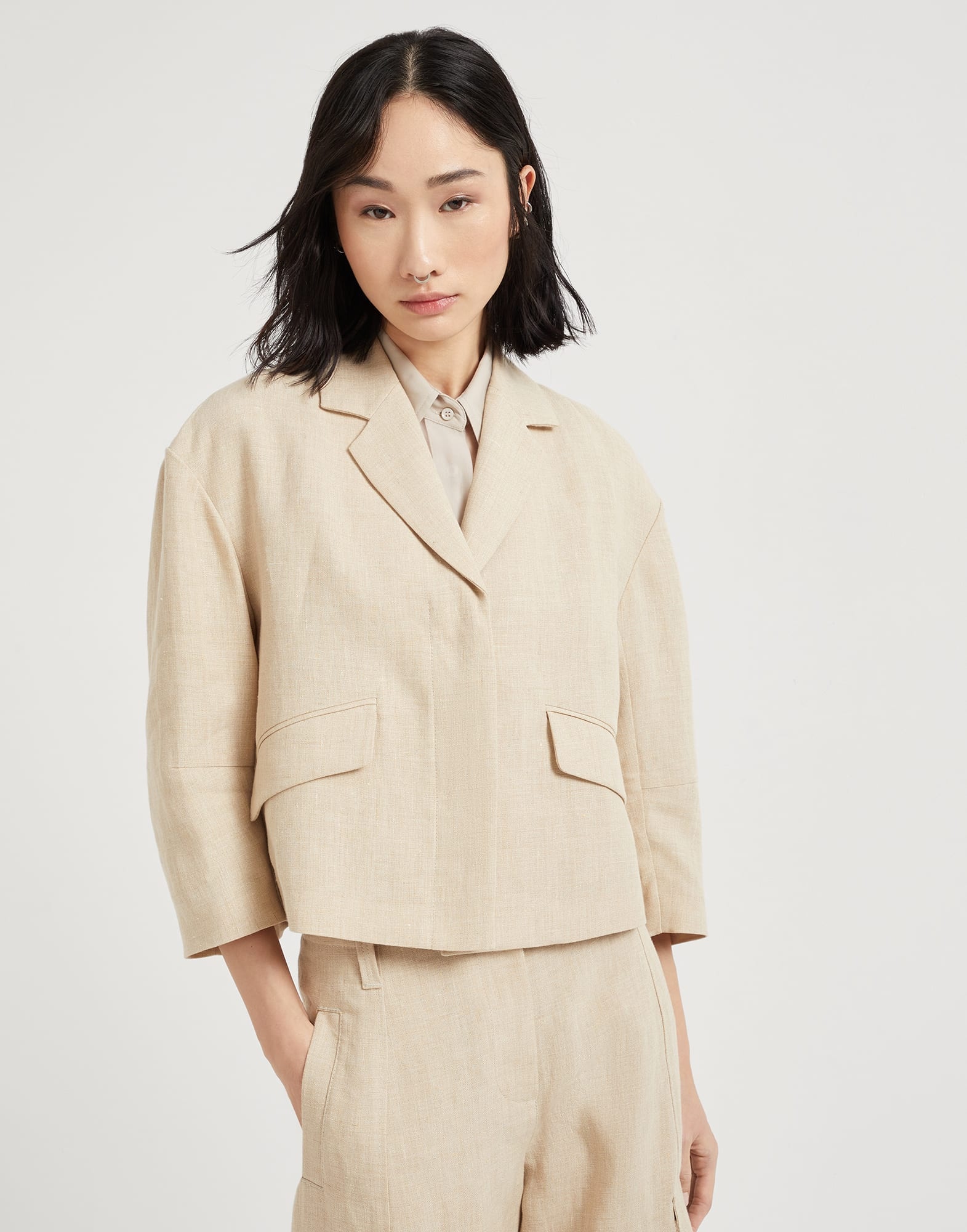 Linen panama cropped blazer with monili - 1