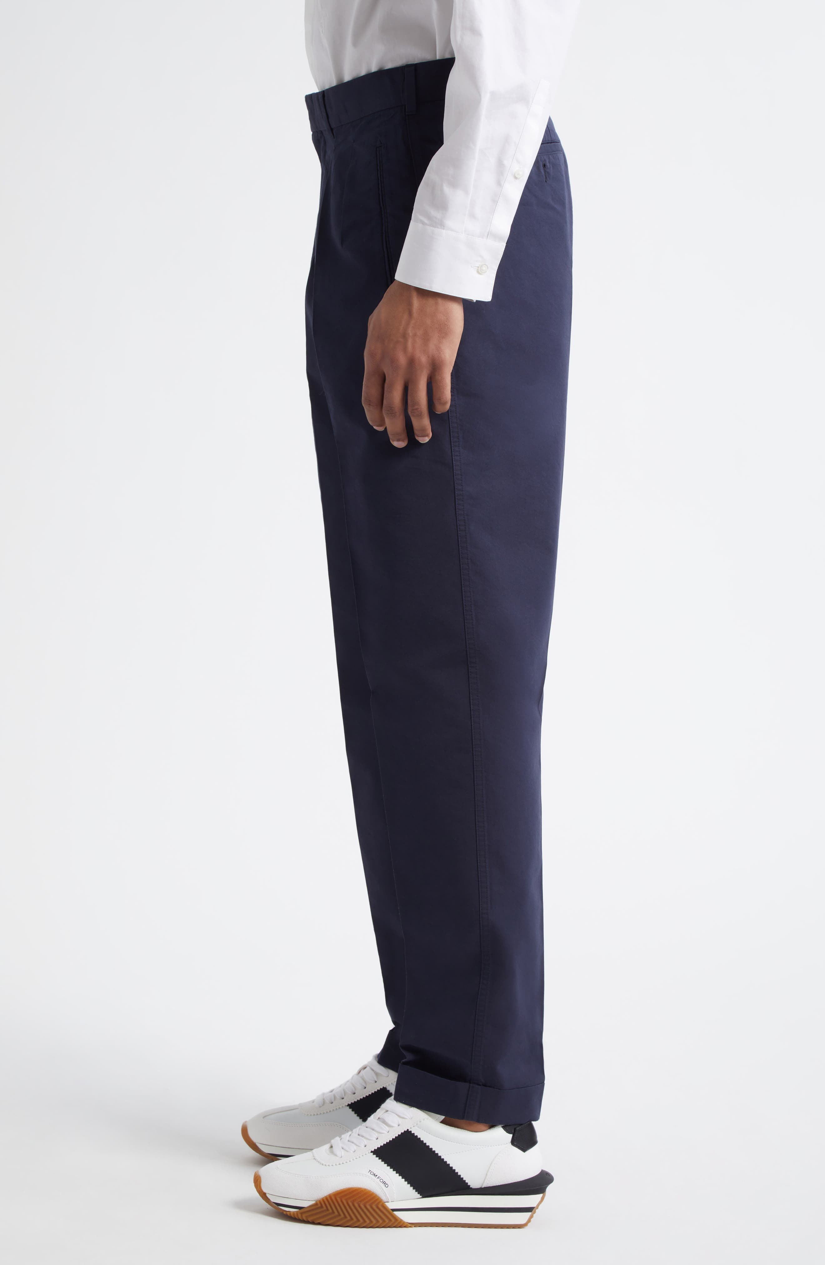 TOM FORD Fluid Double Pleat Cotton & Silk Poplin Pants in Navy at Nordstrom - 4