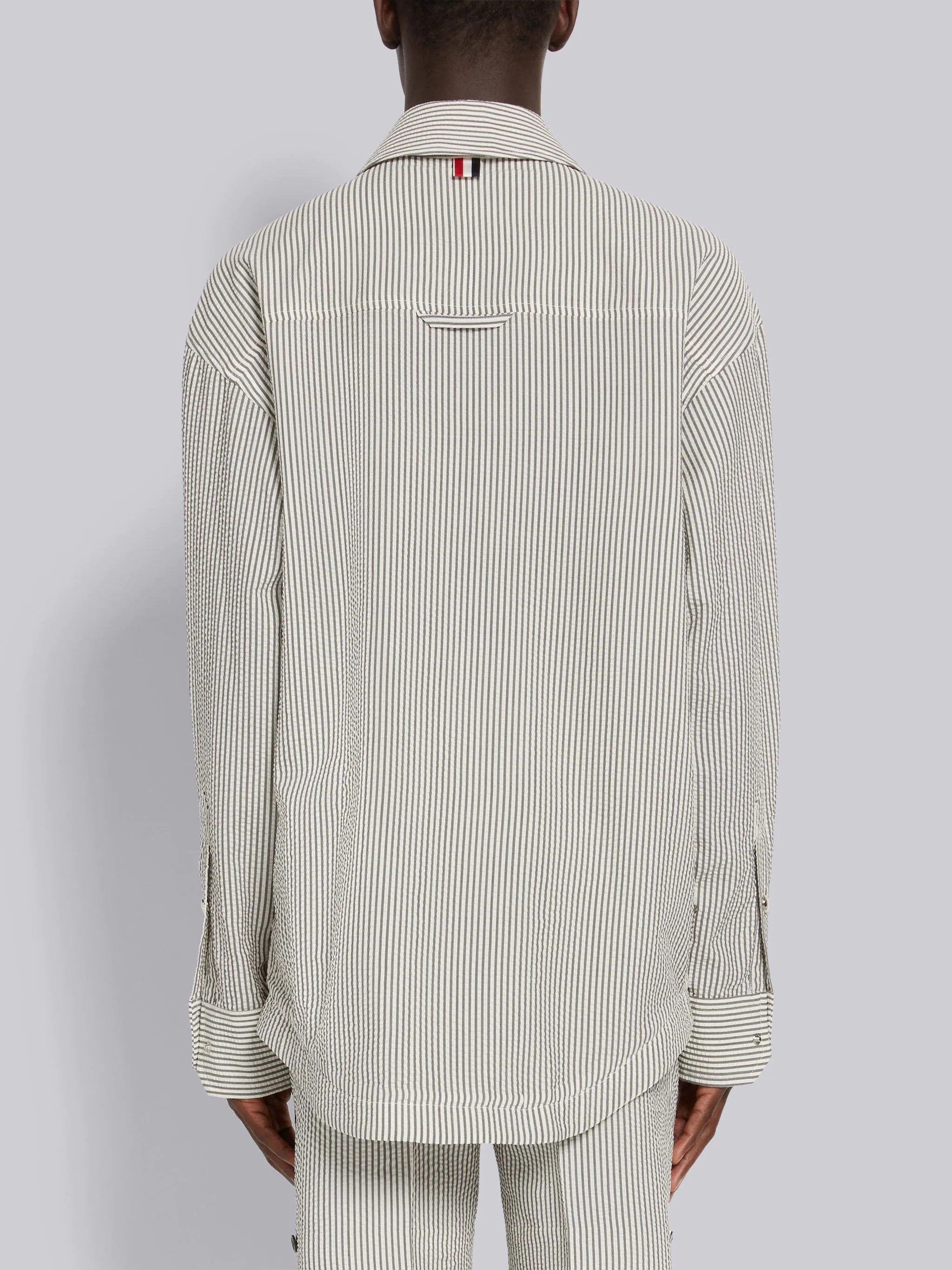 Medium Grey Wool Seersucker Stripe Grosgrain Placket Oversized Shirt Jacket - 3