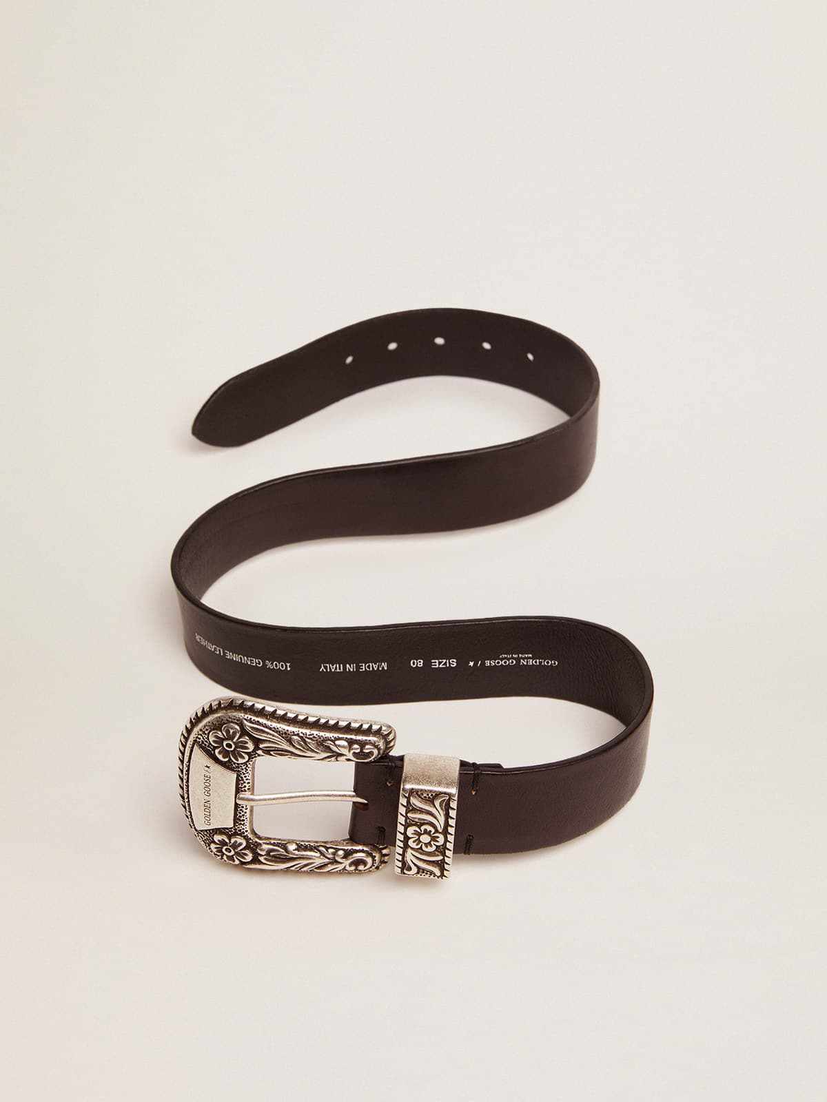 Women's belt in black leather with silver decorated buckle - 4
