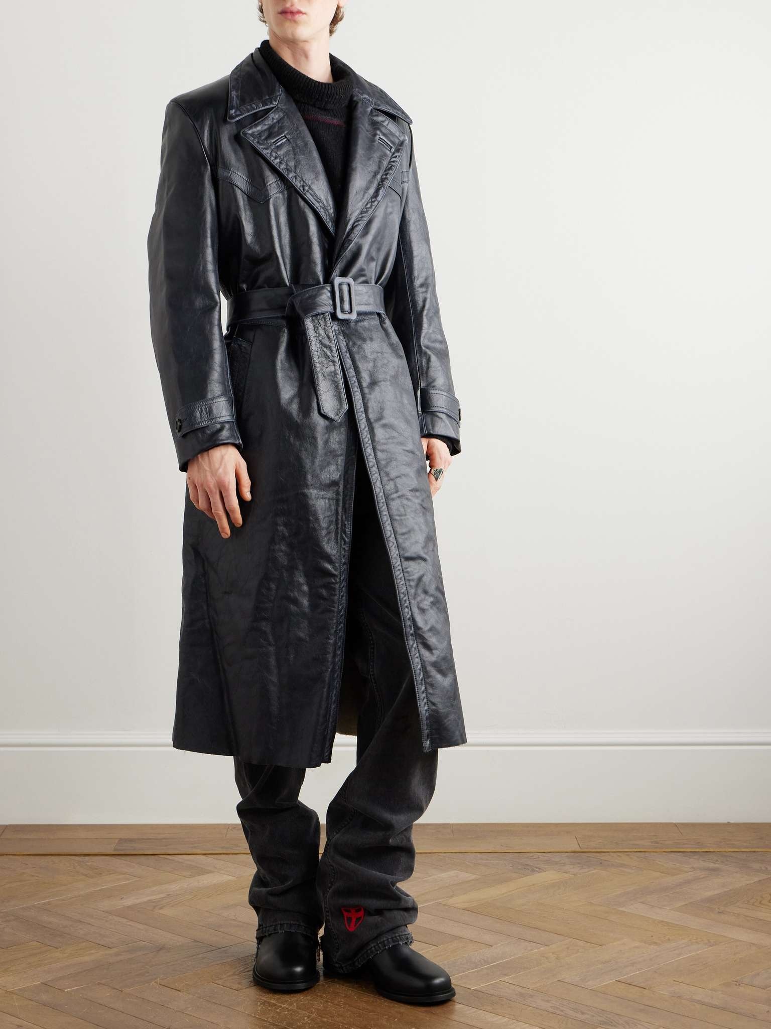 Belted Panelled Leather Trench Coat - 3