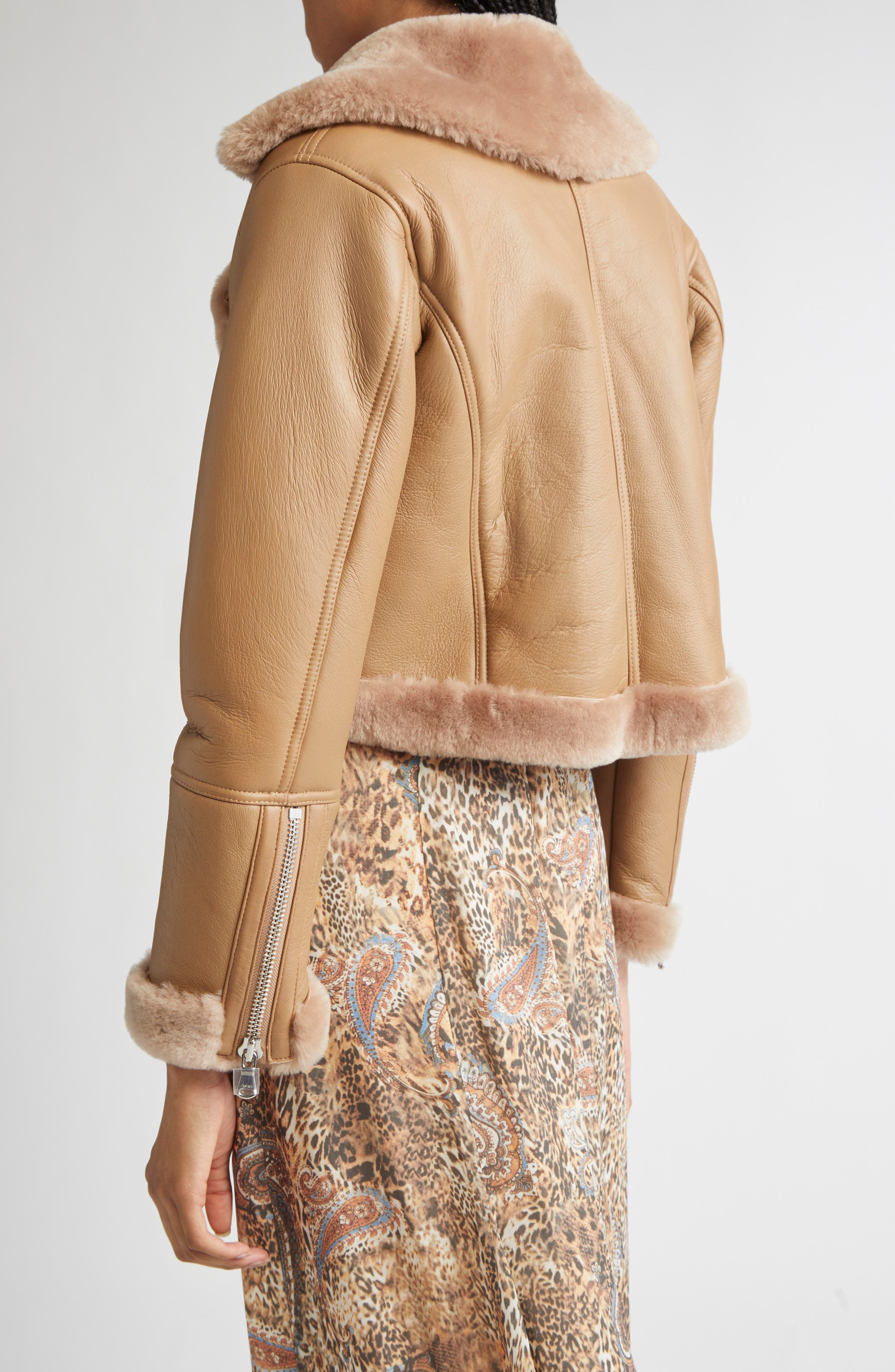 L'AGENCE Pike Leather & Genuine Shearling Crop Jacket in Chanterelle at Nordstrom - 3