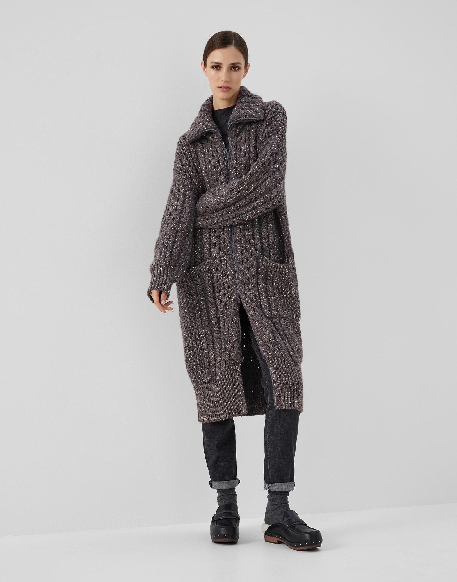Dazzling Irish Cables long cardigan in cashmere Feather yarn - 1