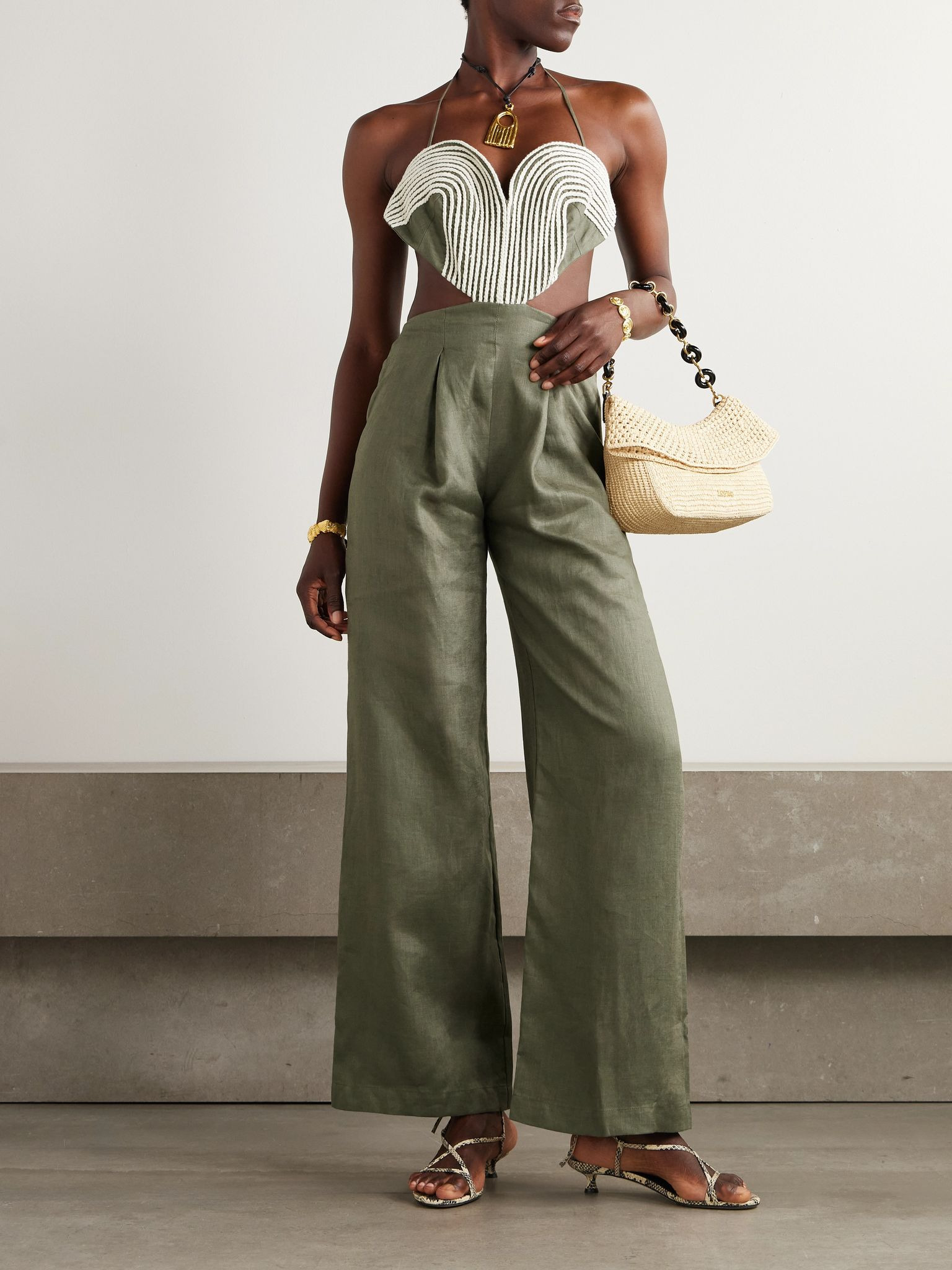 Zinnia cutout embroidered linen jumpsuit Forest green - 2