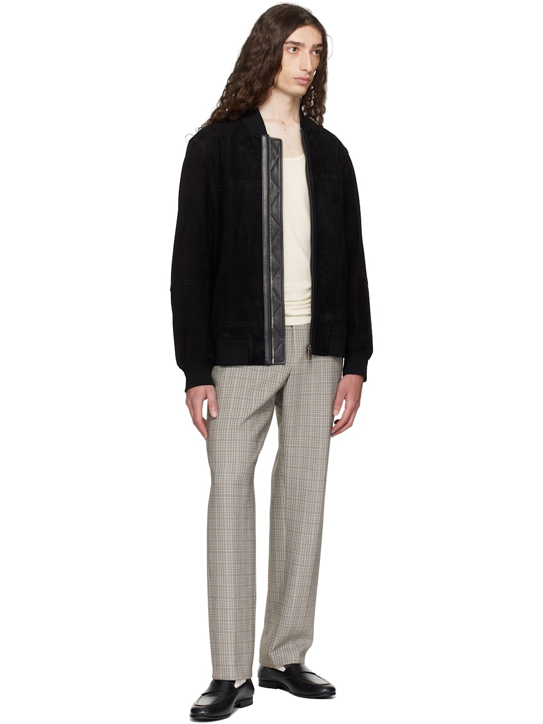 Beige Relaxed-Fit Checked Stretch Fabric Trousers - 4