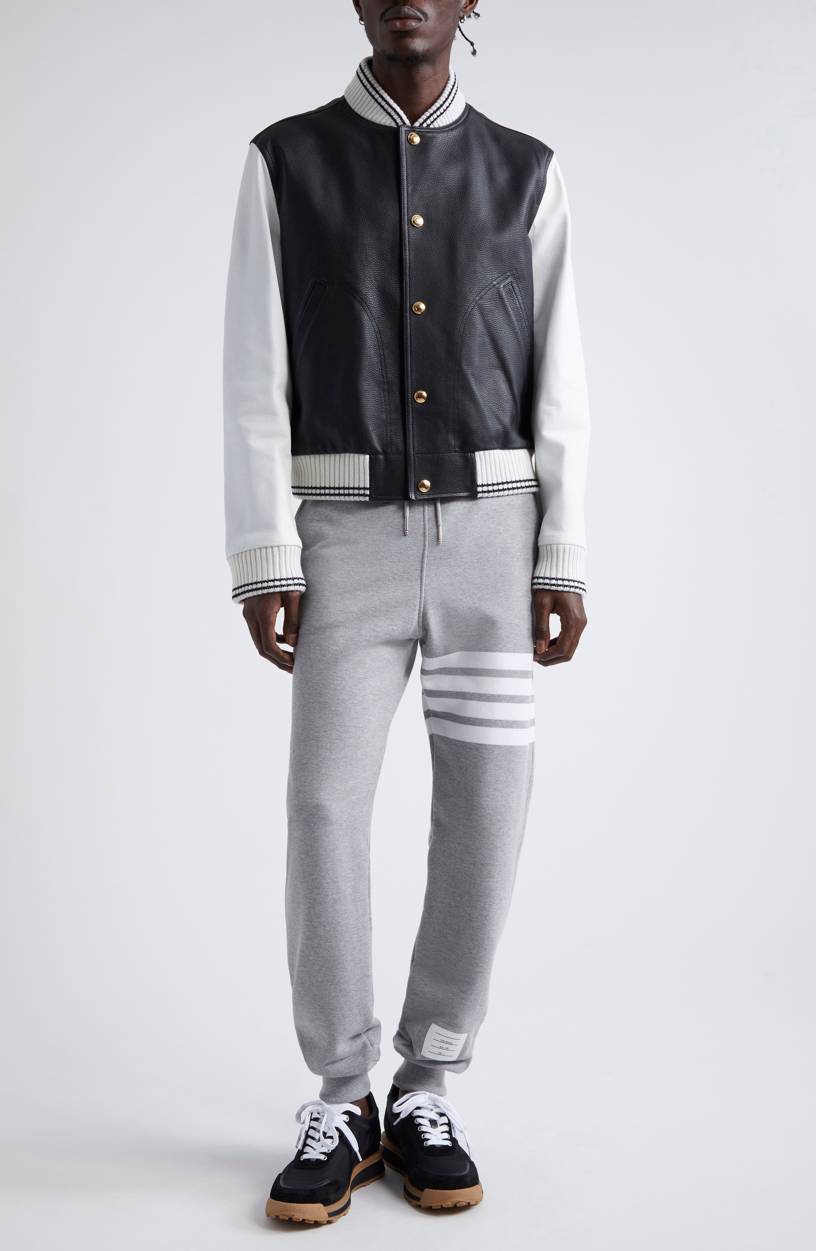 Thom Browne Mixed Media Leather & Wool Bomber Jacket in Black at Nordstrom - 2