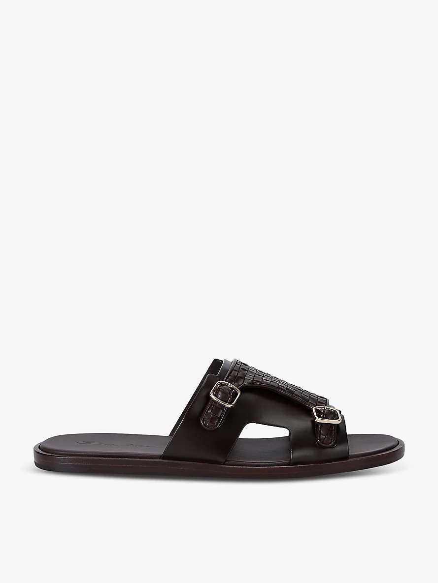 Woven-overlay buckled leather sandals - 1