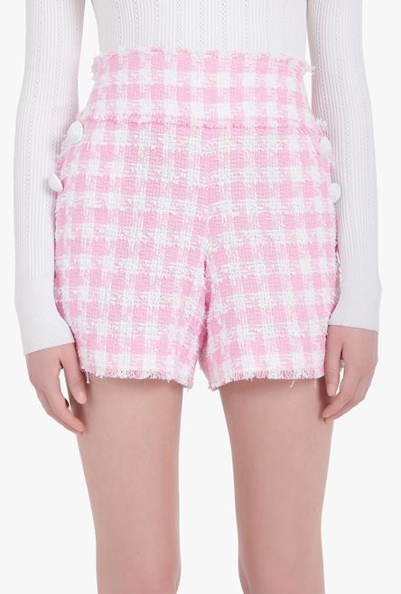 High-waisted white and pale pink tartan tweed shorts - 6