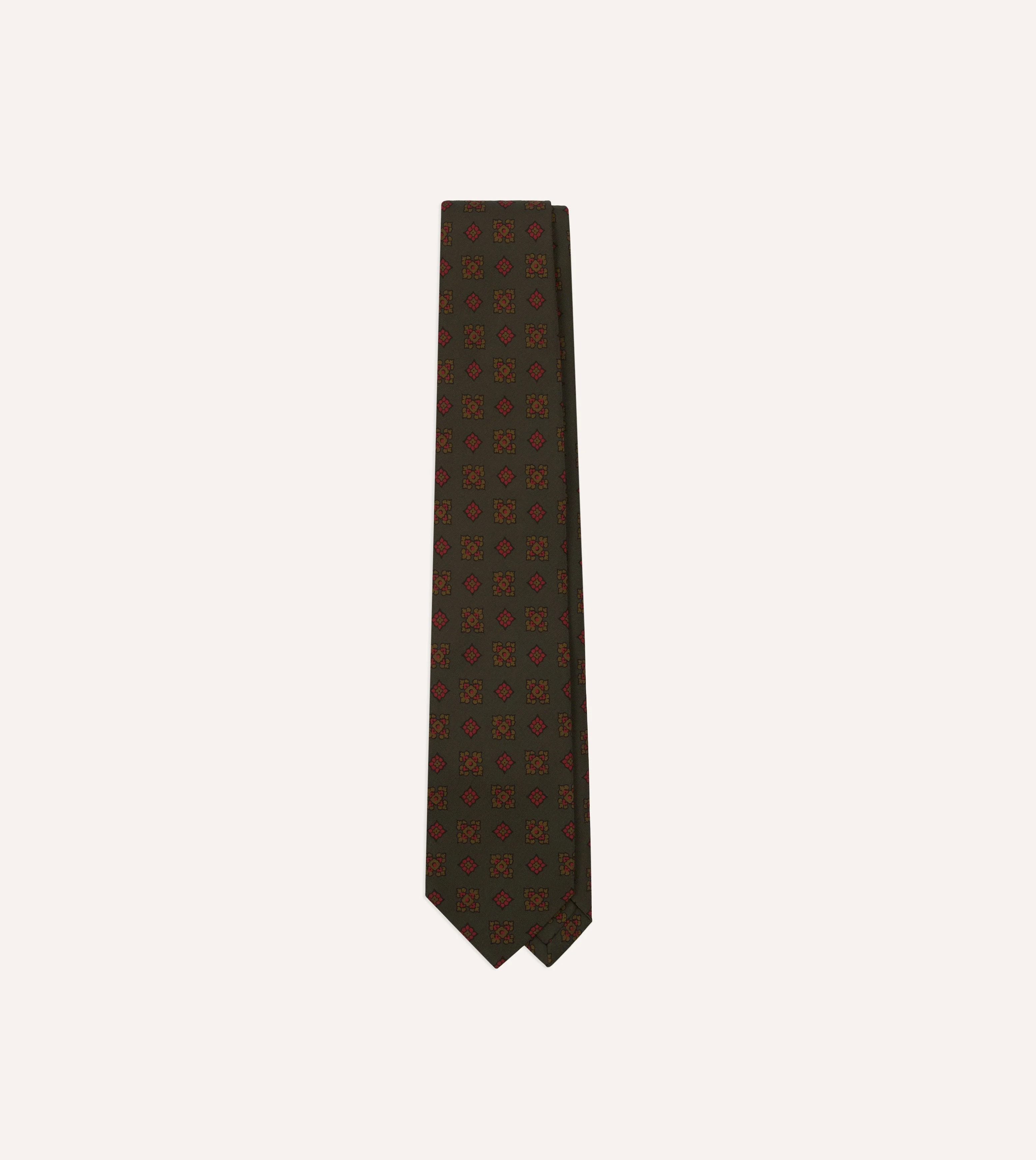 Dark Green Flower Medallion Print Silk Self-Tipped Tie - 1