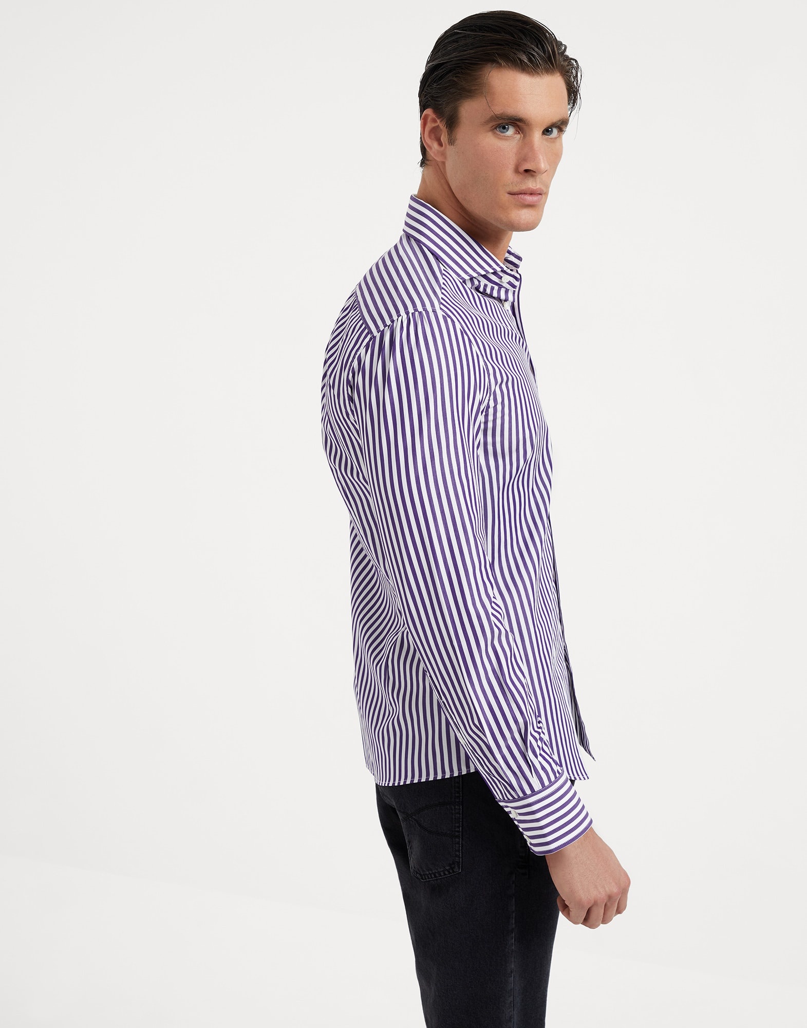 Striped poplin slim fit shirt with spread collar - 2